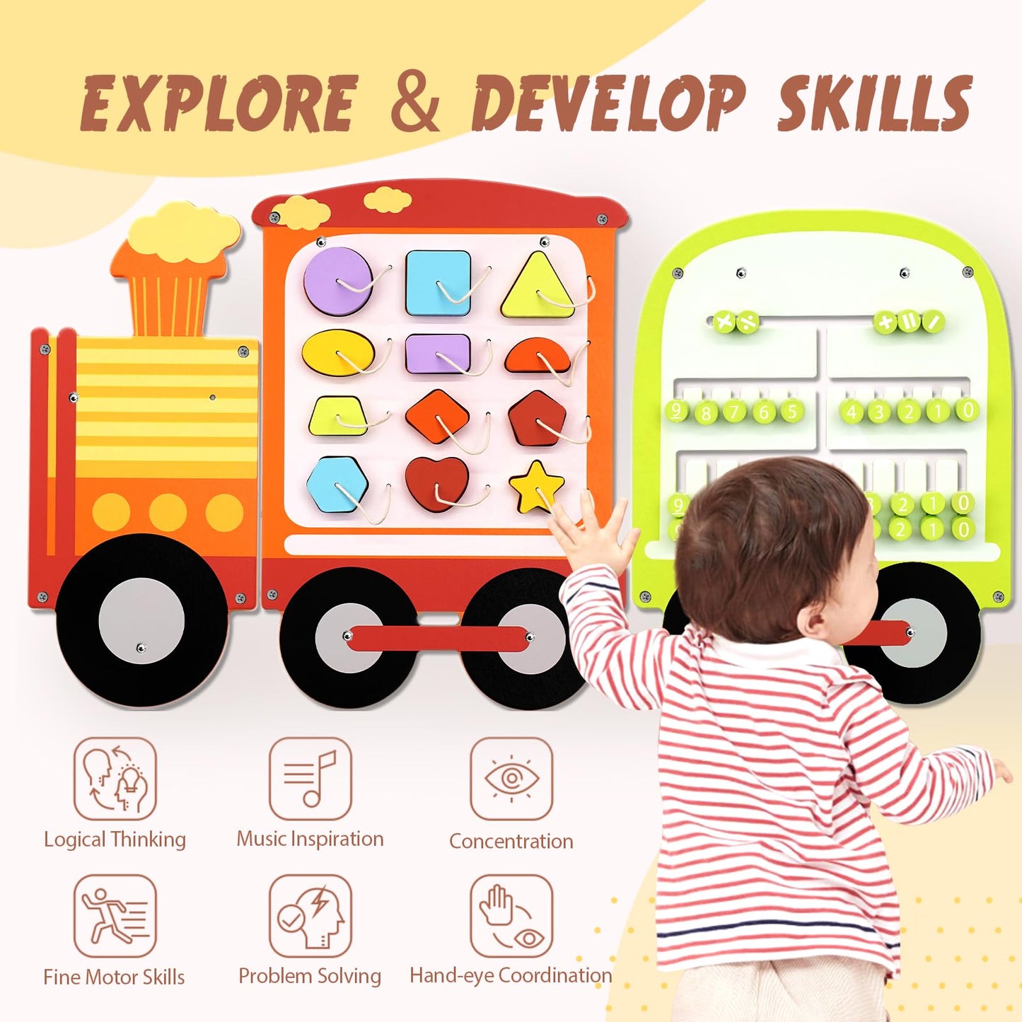 Joyreal Train Activity Wall Busy Board Panels - 8-in-1 Toddler Learning Activity Center - Wooden Montessori Sensory Toys for Playroom, Daycare, Classroom - Educational Toy for All-Round Development
