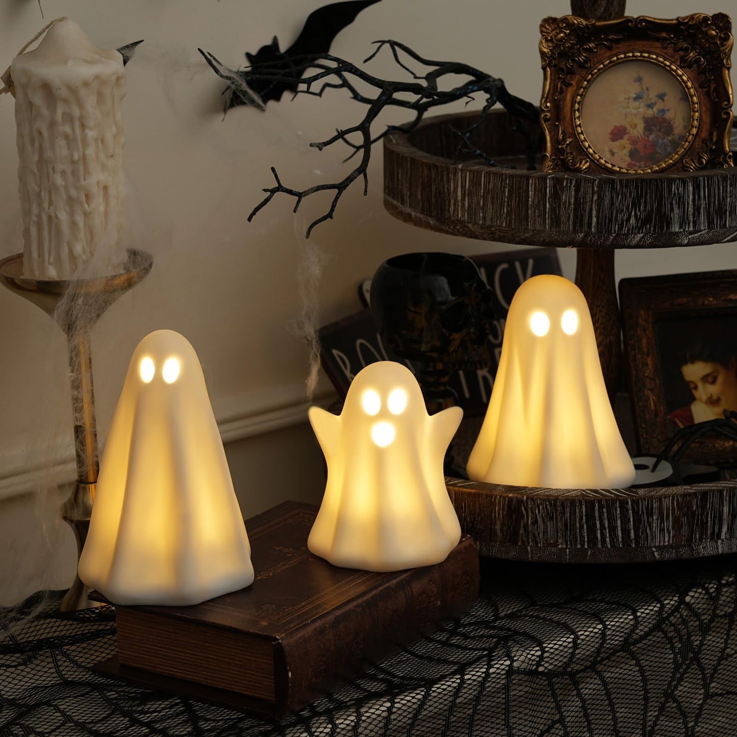 Light Up Ghost Halloween Decor - 3 Pack Ceramic White Ghost Figurines - Indoor, Table, Tray