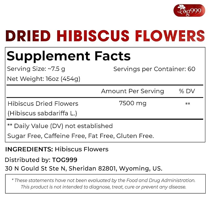 TOG999, Premium Hibiscus Flowers 16oz | Dried Petals | Naturally Caffeine-Free Herbal Tea | Vibrant Color & Tart Floral Flavor | Non-GMO, Gluten-Free, Vegan | Perfect for Tea, Beverages, and Crafts