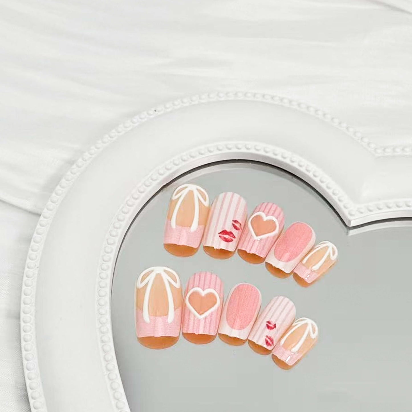 24Pcs Valentines Press on Nails Medium Square Red Lips Heart Fake Nails Bow Stripe Design Glue on Nails Pink Glossy French False Nails for Women Valentine Nail Decoration for Women Gift