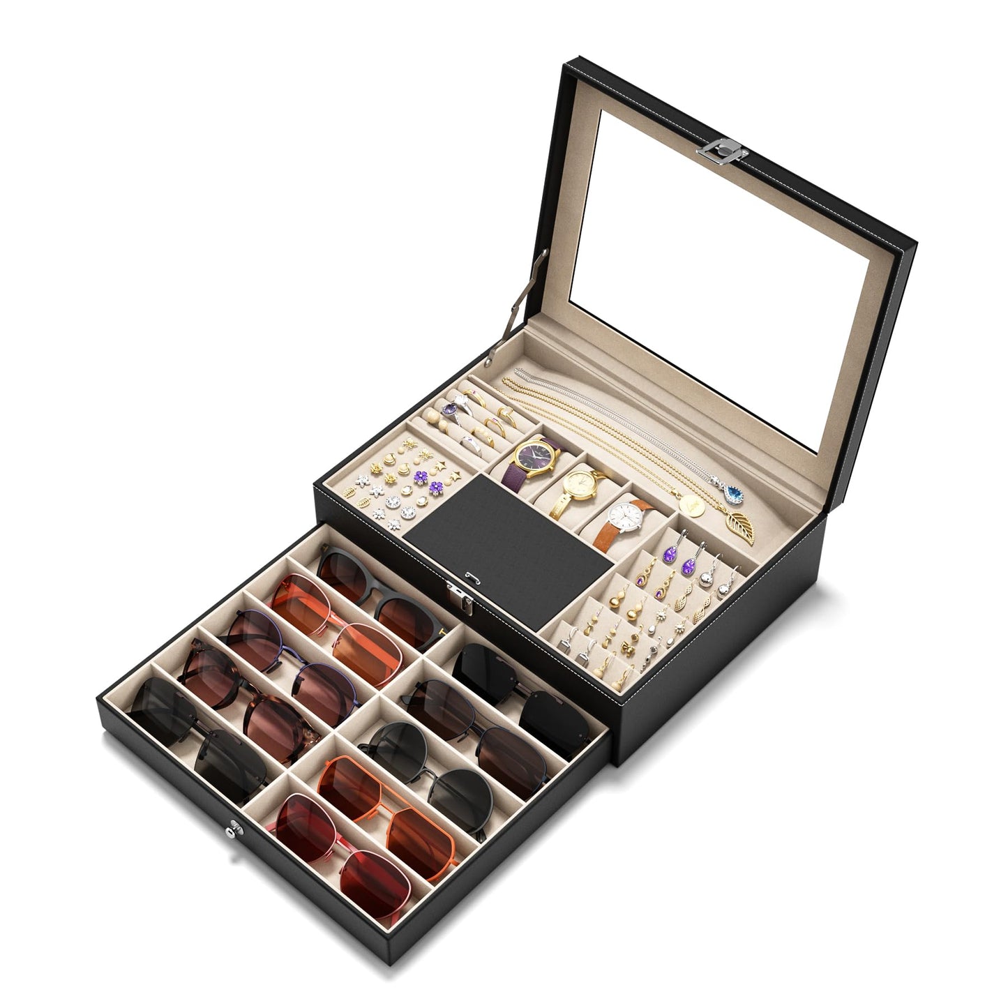 NEWLOOP Jewelry Sunglasses Organizer for Women – 2 Layer Storage Box with 10 Eyeglass Slots 3 Watch Holders Necklace and Earring Compartments Velvet Lined Jewelry Box Eyeglass Box Watch Box Display