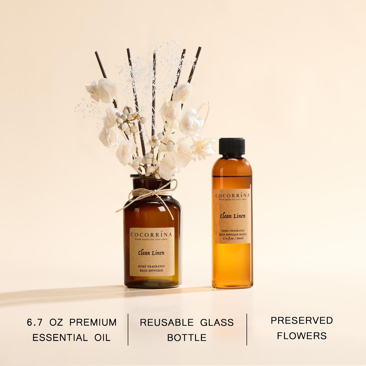 Cocorrína Reed Diffuser Set, 6.7oz Flower Reed Diffuser with Real Preserved Flowers - Clean Linen Scented Oil & Sticks - Long Lasting Home Fragrance for Bedroom Bathroom Shelf Decor