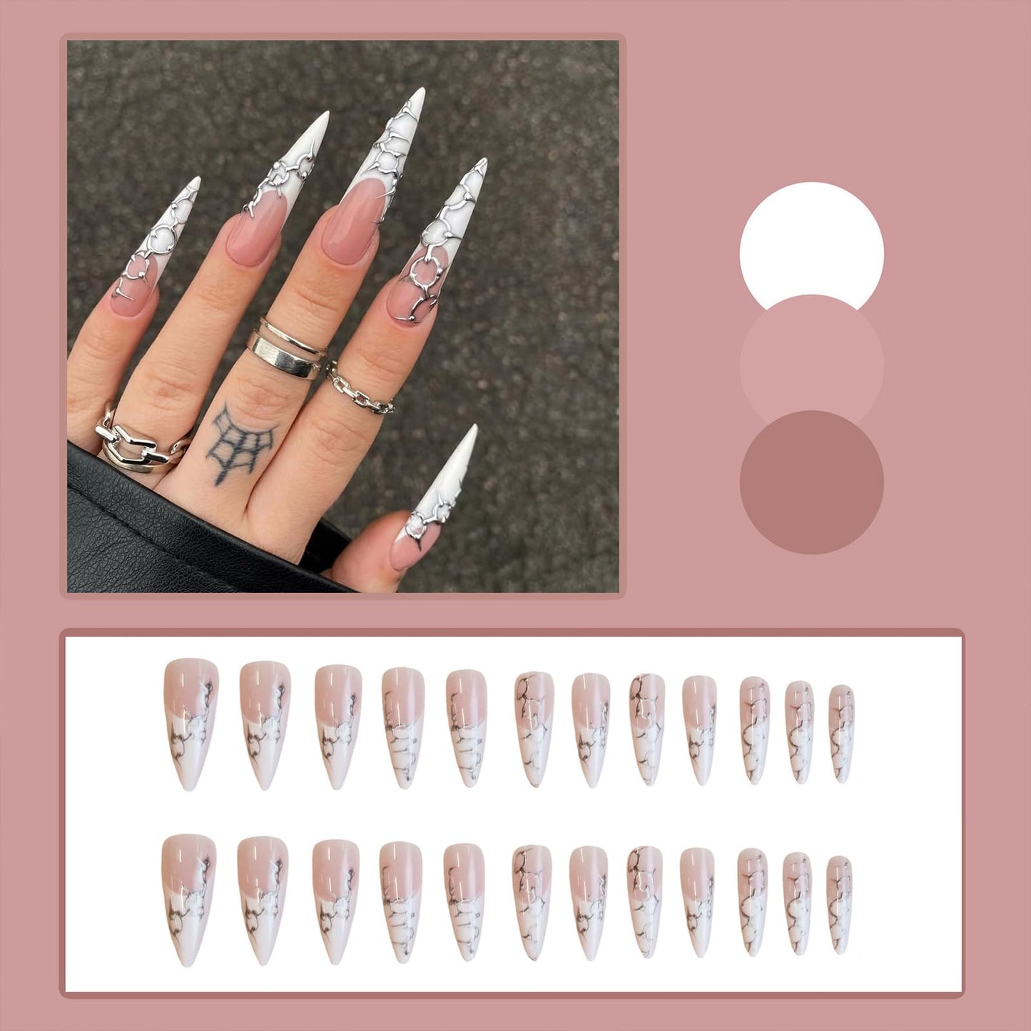 SINHOT Stiletto Press on Nails - Long Fake Nails, Glossy Finish, 3D Silver Chain & White French Tip, Reusable Artificial False Nail Art - 24 Pcs Nail Kit with Glue