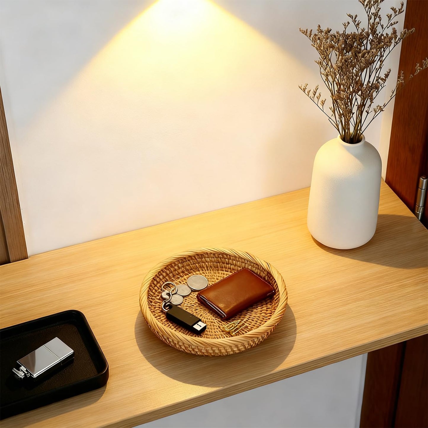 Handwoven Rattan Small Key Bowl - 7.6 Inch Round Catch All Tray for Keys,Coins, Wallet, Jewelry - Natural Wicker Organizer for Entryway, Desk, Nightstand