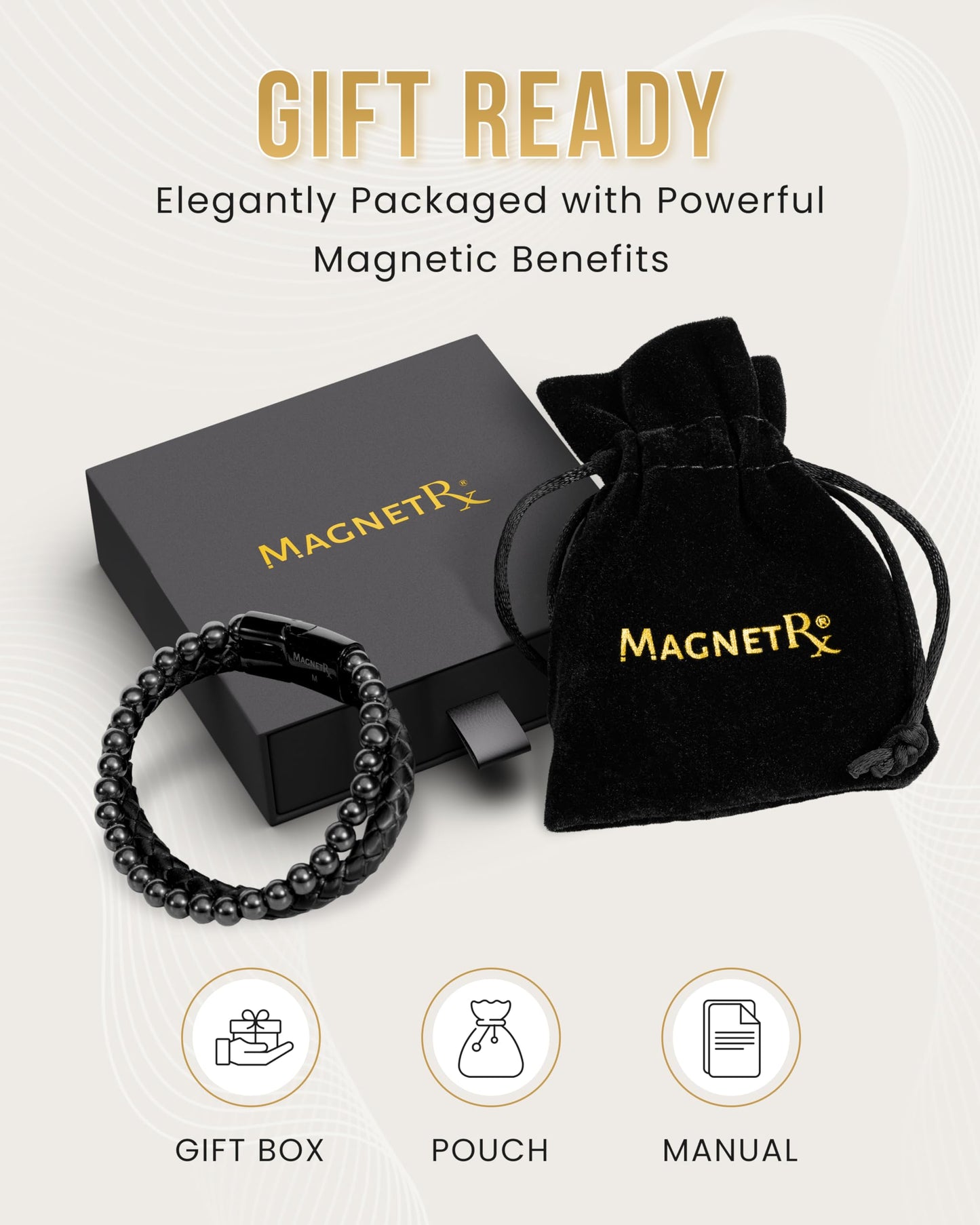 MagnetRX® Hematite & Leather Magnetic Bracelet – Max Strength Natural Stones – Beaded Magnetic Hematite Bracelets (Medium)