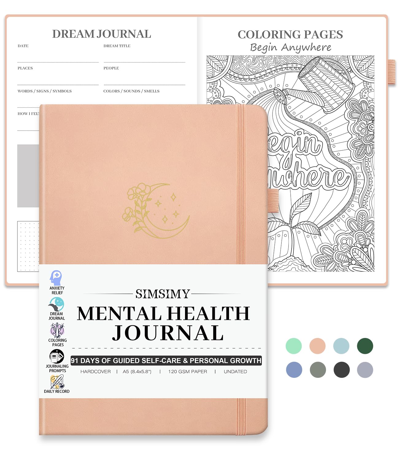 SIMSIMY Mental Health Journal, 91-Day Self Care Journal for Women Men, Guided Anxiety & Stress Relief Journal with Mood Tracker, Cognitive Behavioral Therapy Journaling with Mental Health Coloring Pages & Dream Log