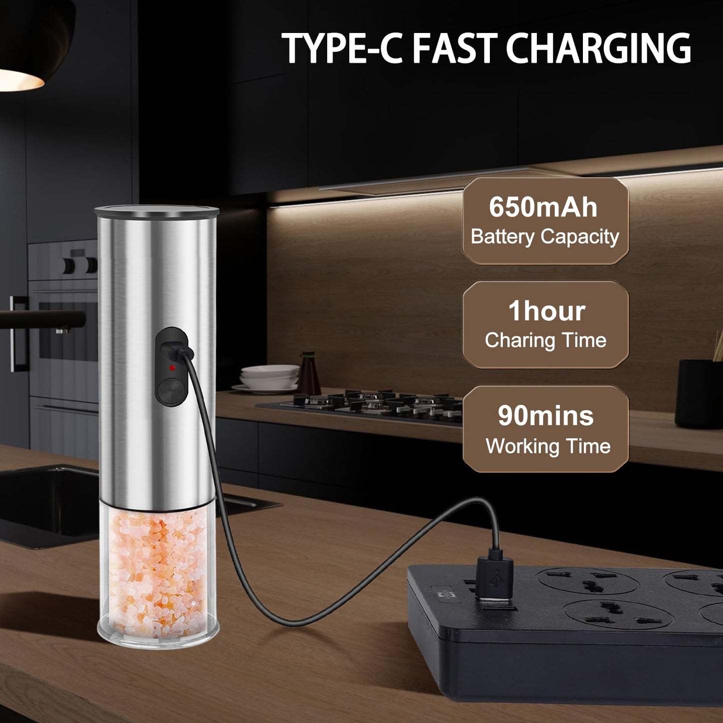 Enutogo Electric Salt and Pepper Grinder Set, Rechargeable Salt and Pepper Shakers Refillable, Automatic Pepper Mill with Adjustable Coarseness, One Hand Operation with LED light, Stainless Steel