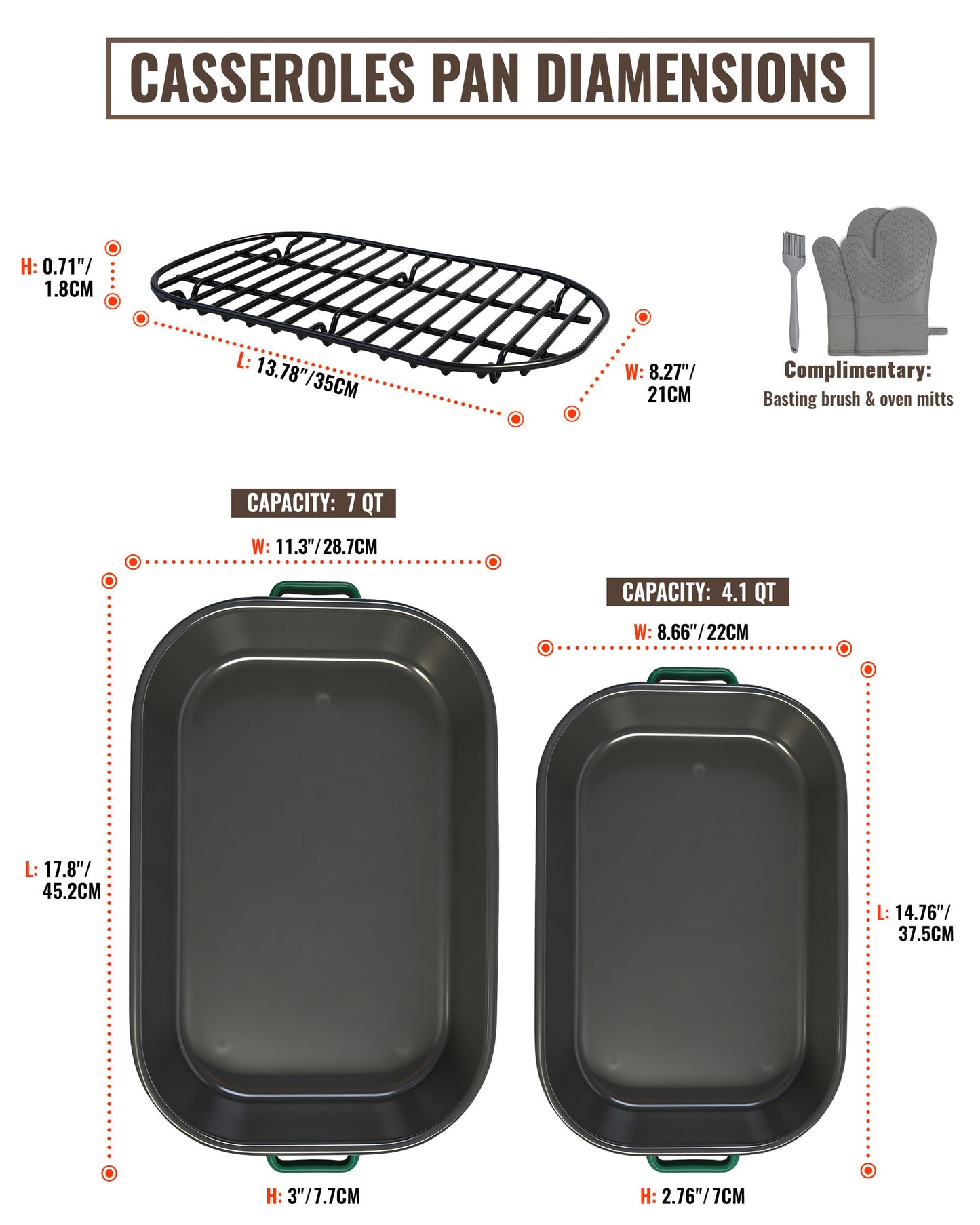 MCCSI Casserole Dishes for Oven Lasagna Baking Pan 6-Pack Set with Handle & Rack 14&17 Inch Large Deep Enamel Roasting Pan, 572°F Heat Resistance Dishwasher Safe NonStick Wedding Kitchen Gift Bakeware