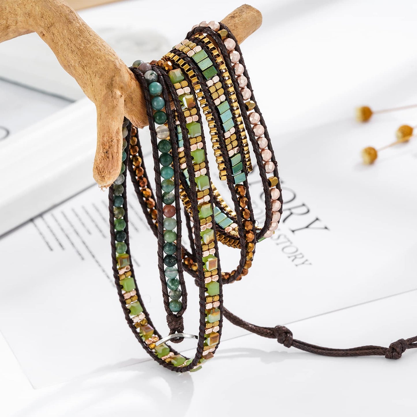 Plumiss Boho Handmade Green Stylish Natural Stone Crystal Hematite Stainless Steel Chain Mixed 5 Wrap Bracelet for Women Men