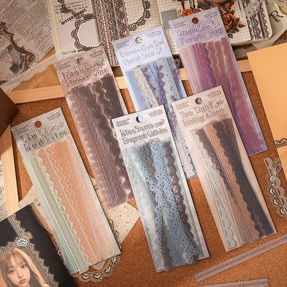 Obujopal 240 Pcs Transparent Lace Stickers for Scrapbooking Junk Journal Card Making Collage Diary Planner Notebook Letter Photo Album Craft Project Decoration, 30 Patterns