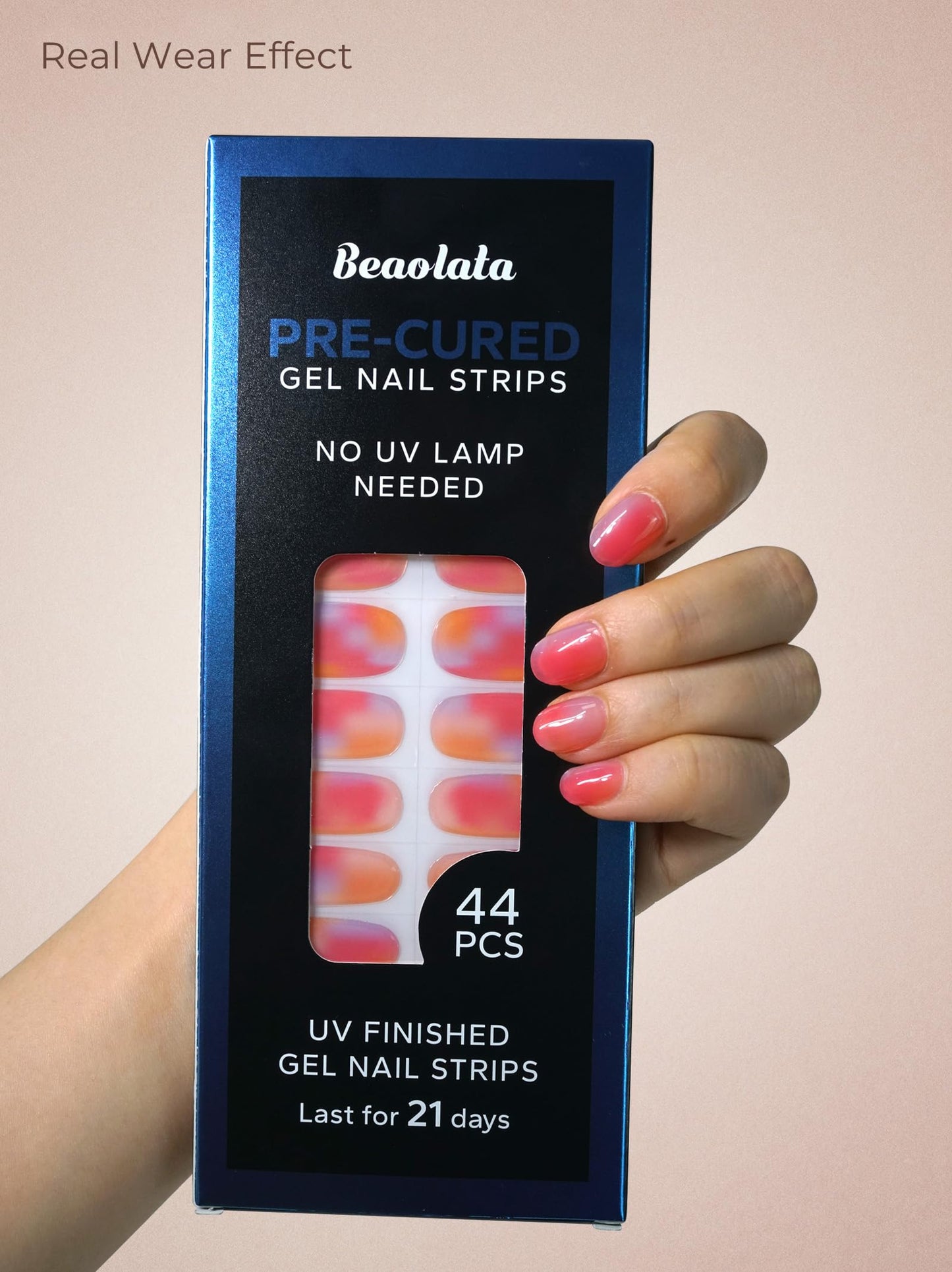 Beaolata Real Gel Nail Strips (No UV Light Needed) - 44Pcs Salon Quality Nail Stickers - Long Lasting Polish Wraps for Women, Easy Apply & Remove (Shimmer Pink)