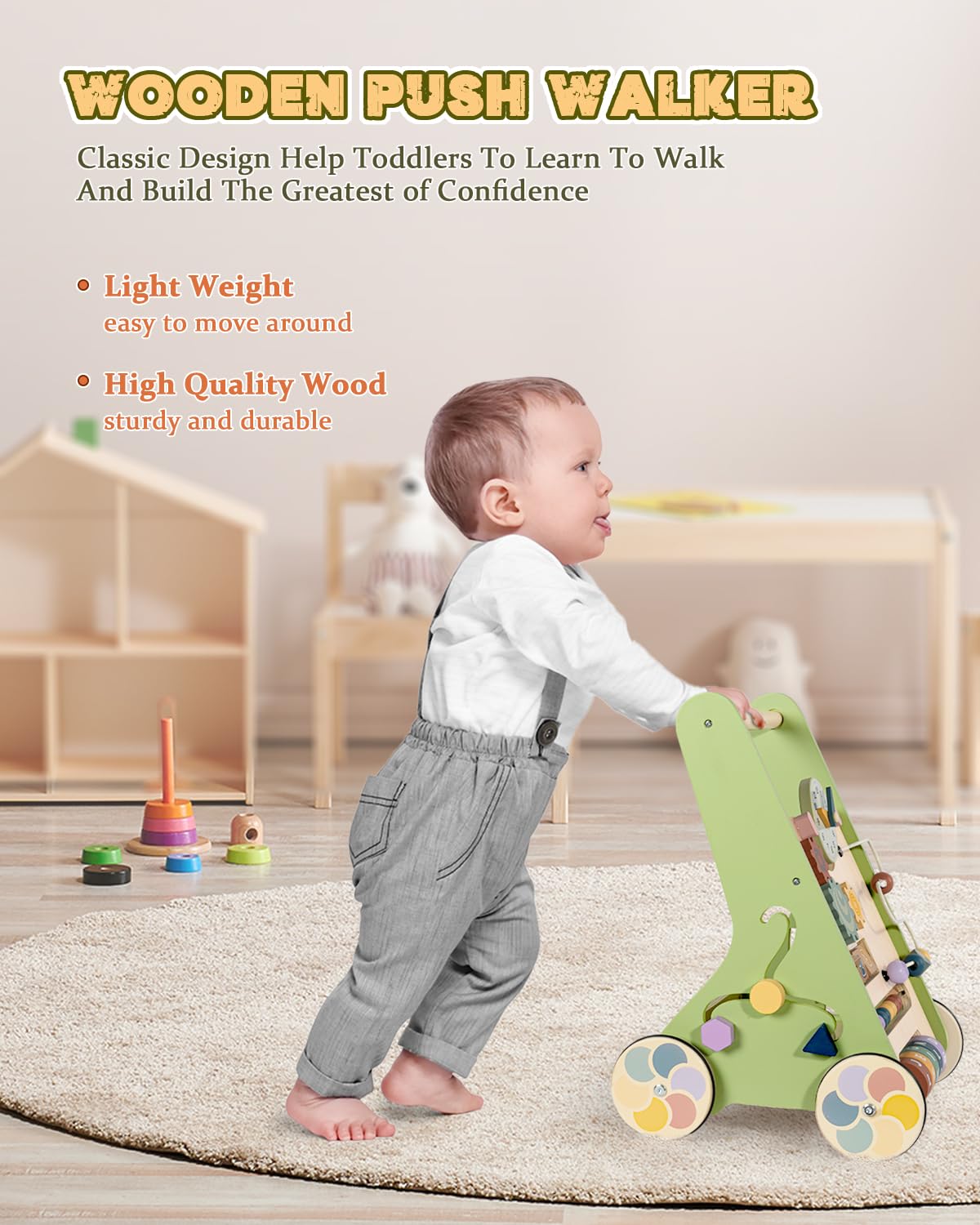 Wooden Baby Walker with Wheels, Push Walker for Baby Boy 12 Months, Baby Activity Center Sit to Stand Walker Small Size