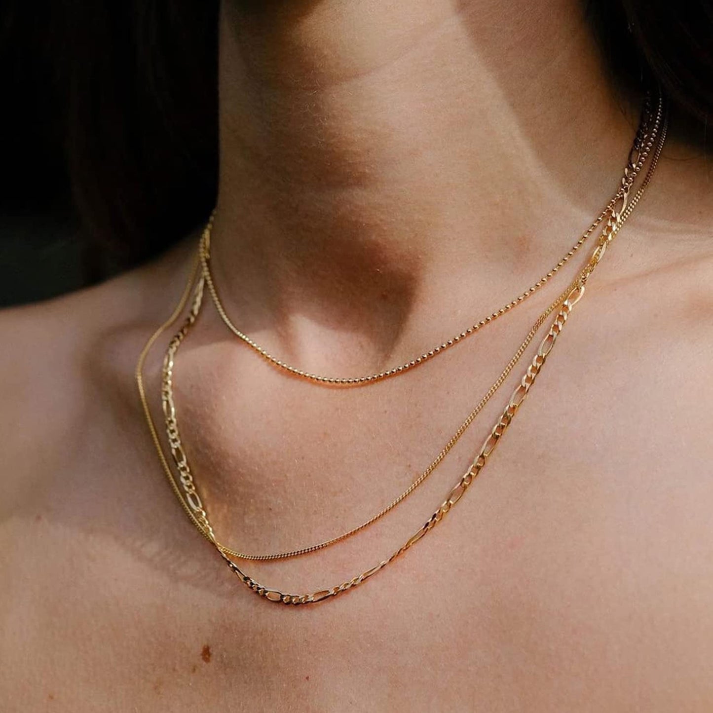 Freekiss Layered Gold Necklace for Women - 14K Gold Filled Herringbone, Stackable Cuban Figaro Beaded Link Chain, Dainty Gold Choker