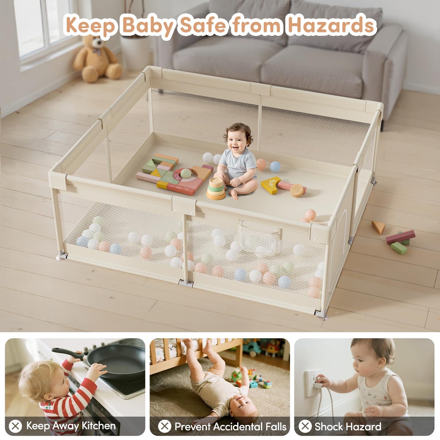 Mloong Large Baby Playpen for Toddler - 69×59in Babies Play Pen Playard Active Center Beige