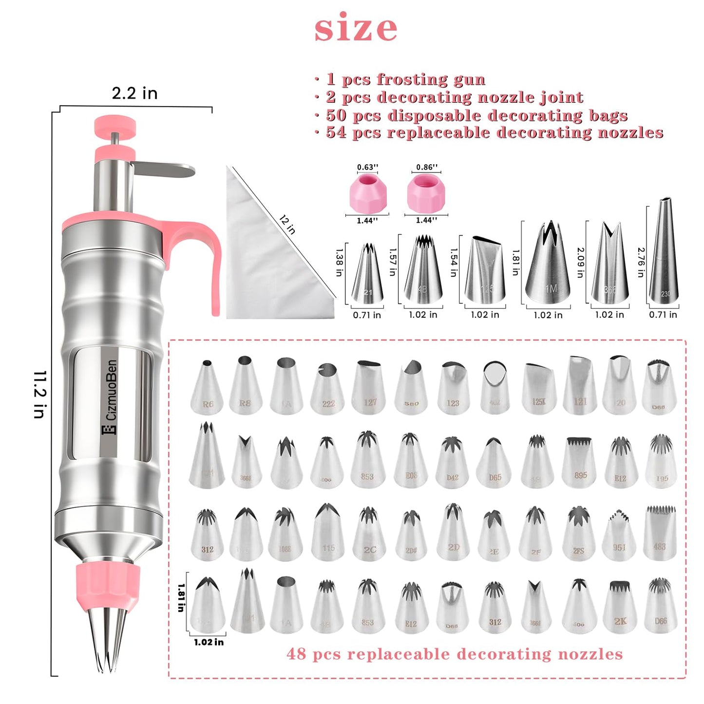 Dessert Decorating Syringe Set, Frosting Piping Kit icing piping kit 54 food-grade stainless steel piping nozzles for Baking, Decorating Cupcake, Deviled Eggs, Black (pink)
