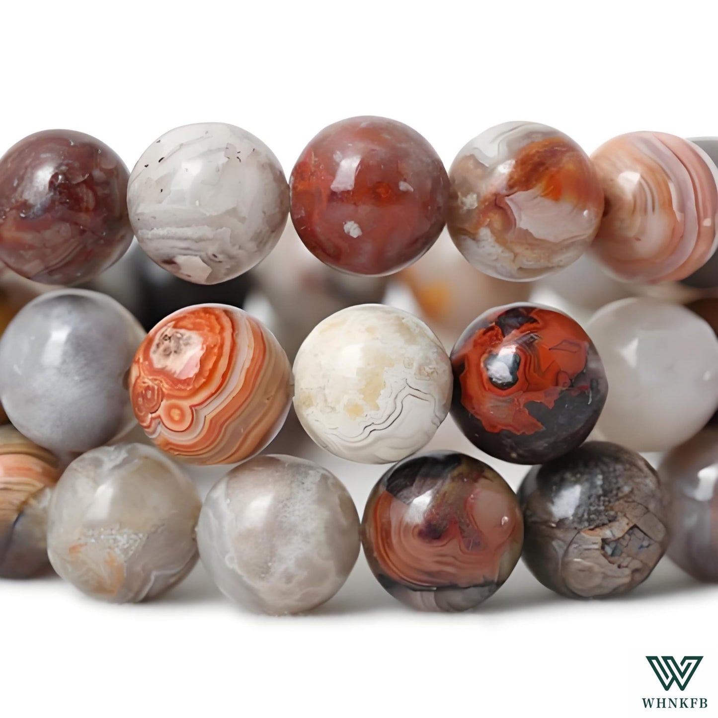 WHNKFB 10mm 50PCS Natural Red Crazy Lace Agate Round Beads, Mexican Fire Banded Loose Stone Beads for Jewelry Making Craft - 6mm 8mm 10mm Options with Free Elastic Cord