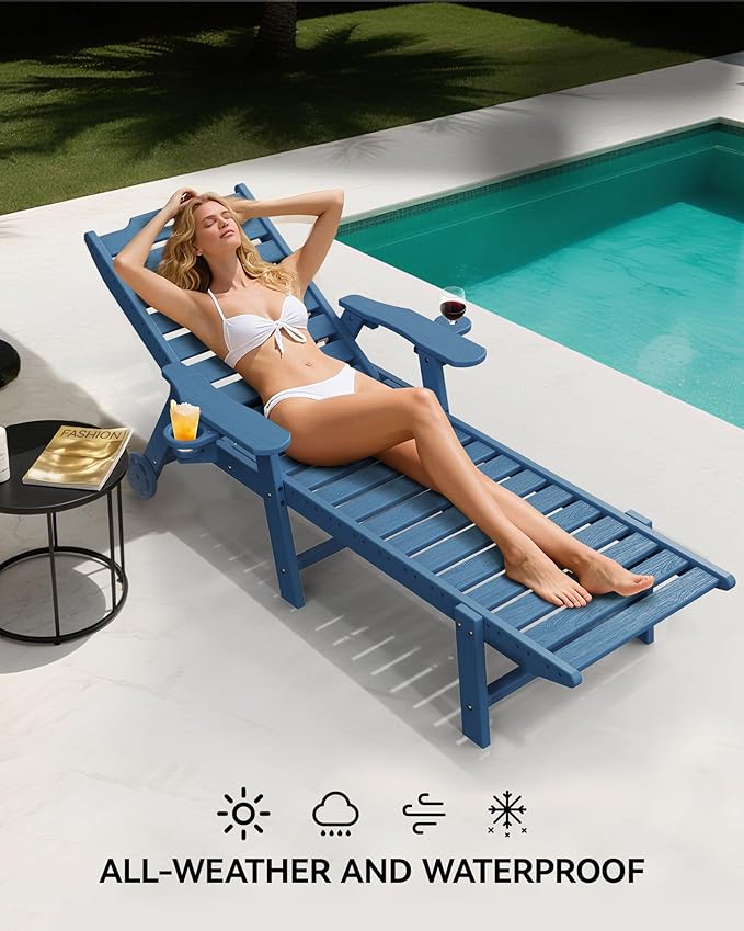 Carauci Lounge Chair Outdoor Set of 4, HDPE Chaise Lounge with Wheels, 5-Position Adjustable Backrest & 2 Cup Holders Patio Lounge Chair, All-Weather Pool Sun Lounger for Poolside, Backyard, Blue