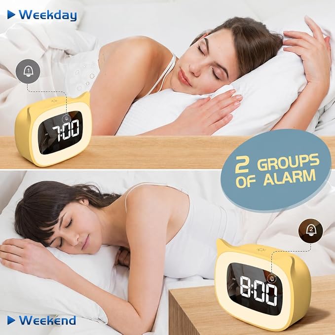 Cute Cat Ear Alarm Clock with Night Light for Bedroom,Yellow