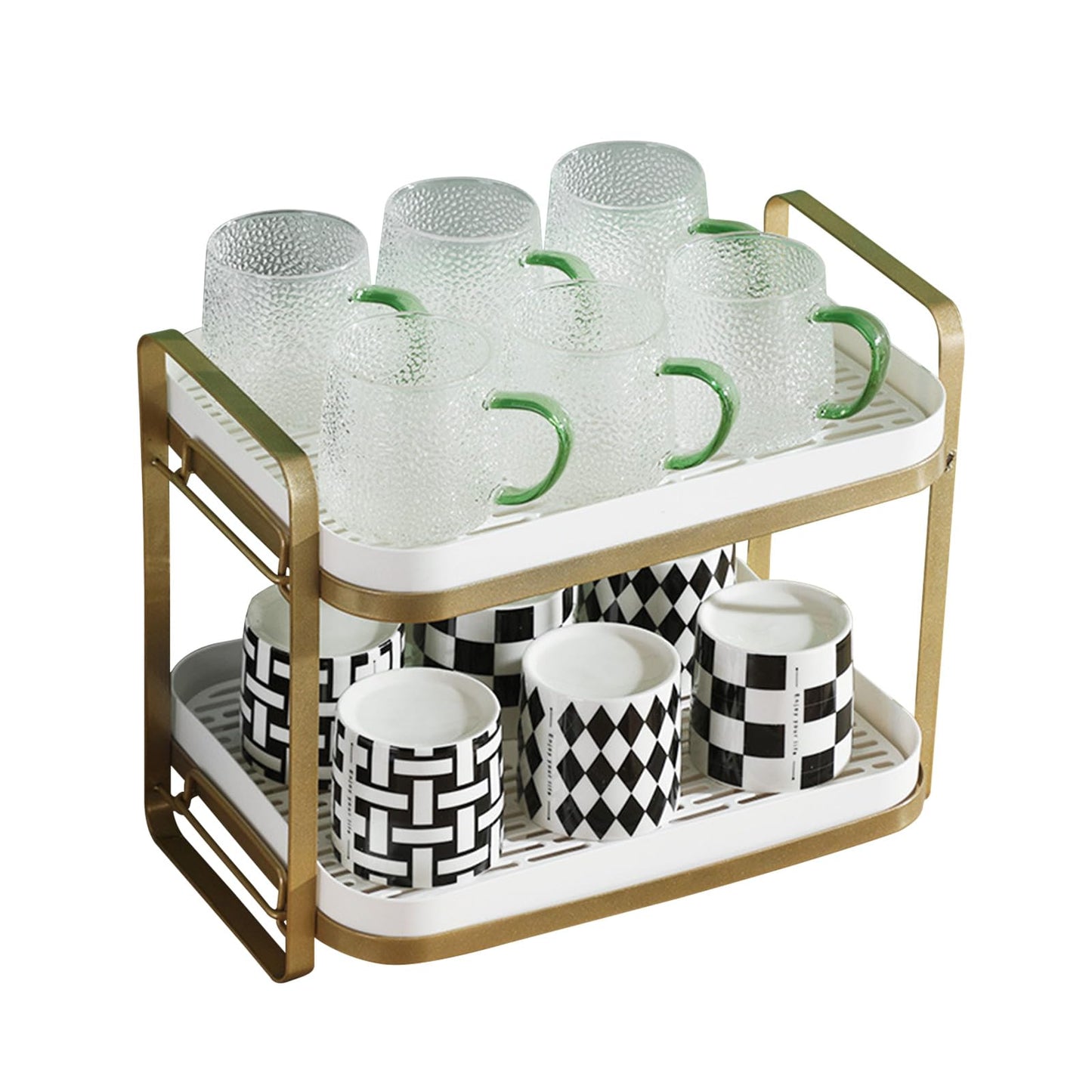 CYEAH 2-Tier Cups Mugs Drying Rack with Removable Drain Tray, Multi-Functional Storage Organizer Shelf, Kitchen Countertop Tray for Water Coffee Glass Cup Bowls Food and Seasoning Jar Holder