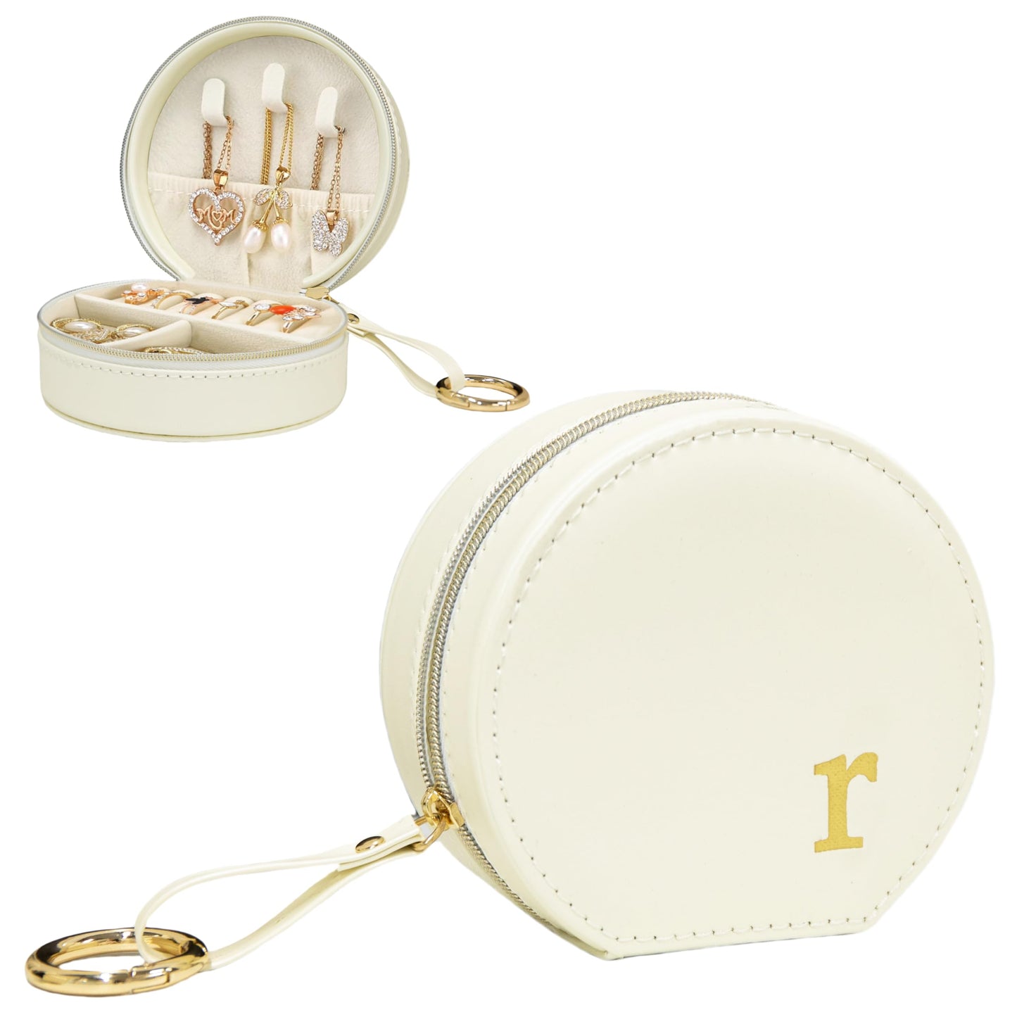 COLLECTIVE HOME Monogram Jewelry Box for Travel - 4.5 Inch Spacious Organizer with Zipper Closure, Gold Chain & Letter Engraving, Personalized Gift Case for Women/Bridesmaids (r)