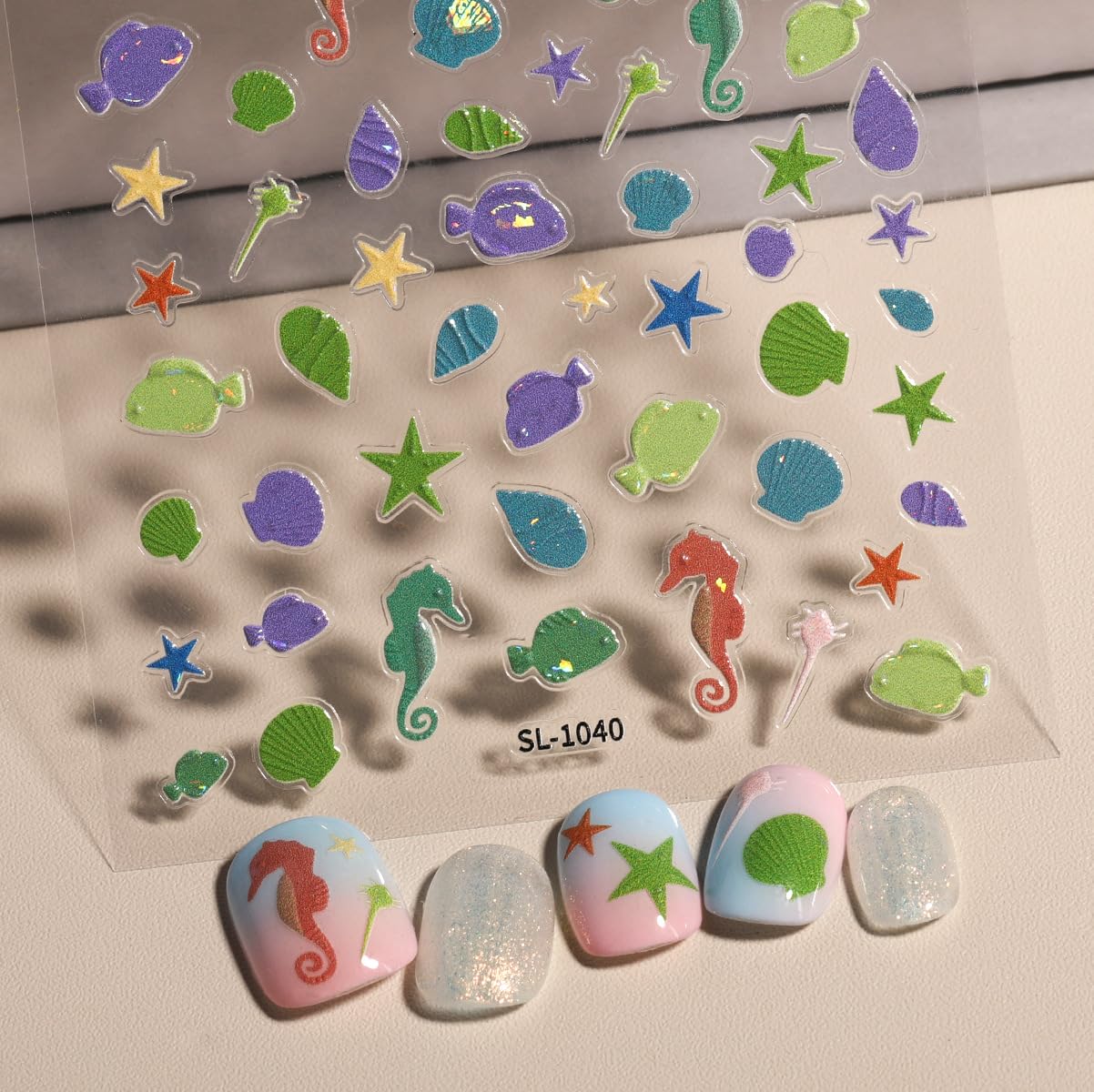 SIMAYKUWA Summer Ocean Style 5D Embossed Dream Shell Starfish Jellyfish Beach Nail Stickers - DIY Nail Art Decorations for Summer Vacation A Set of 3 Sheets