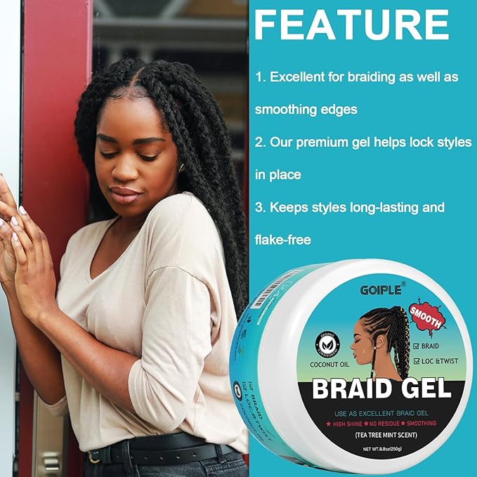 Braid & Loc Gel Good for Twist, Locs, Braids, Edge No Flake Extra Hold High Shine Braiding Gel & Edge Control Long Lasting for Locks, Cornrows Smooths & Tames Frizz 8.8oz (Tea Tree)