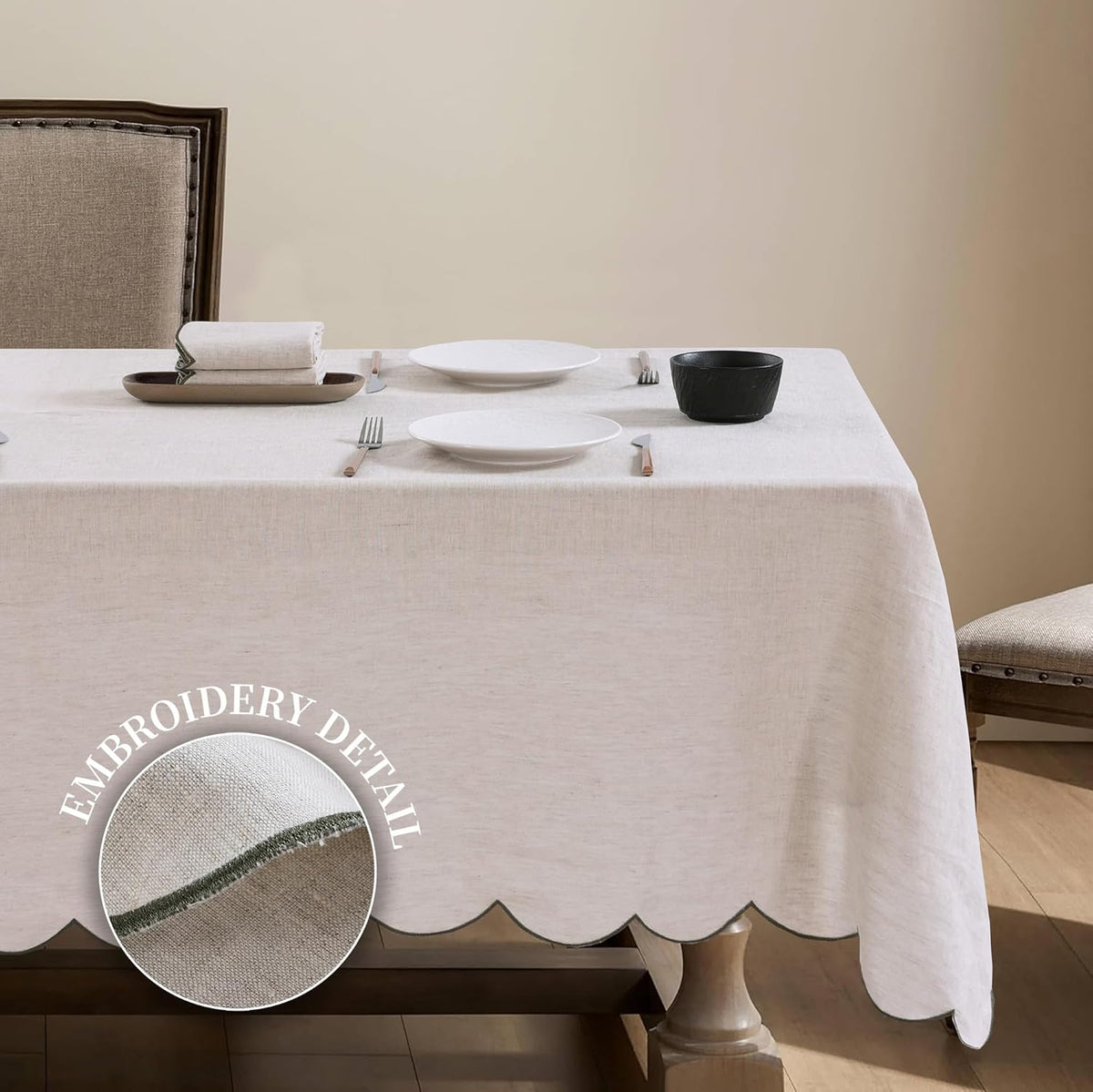 100% French Flax Linen Tablecloths Scalloped Embroidery Rectangle 144Lx60W Inch for Dinners, Parties, Spring, Machine Washable, 12-14 Sets, Linen(Edges-Green)
