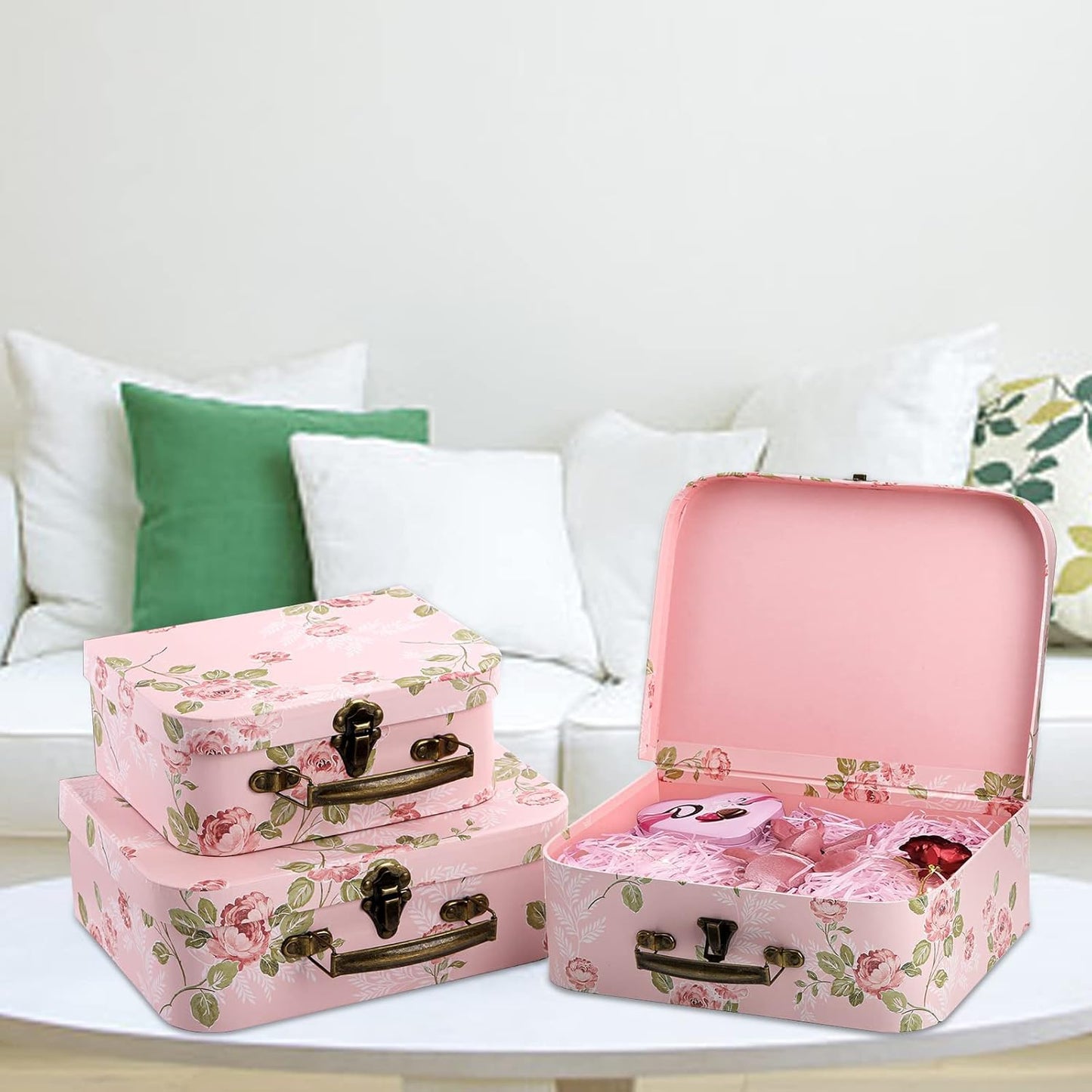 Fasmov 3 Pack Paperboard Suitcases Storage Box Decorative Storage Boxes Gift Boxes With Lids for Photo Storage Home Decoration, Wedding, Birthday, Anniversary, Pink