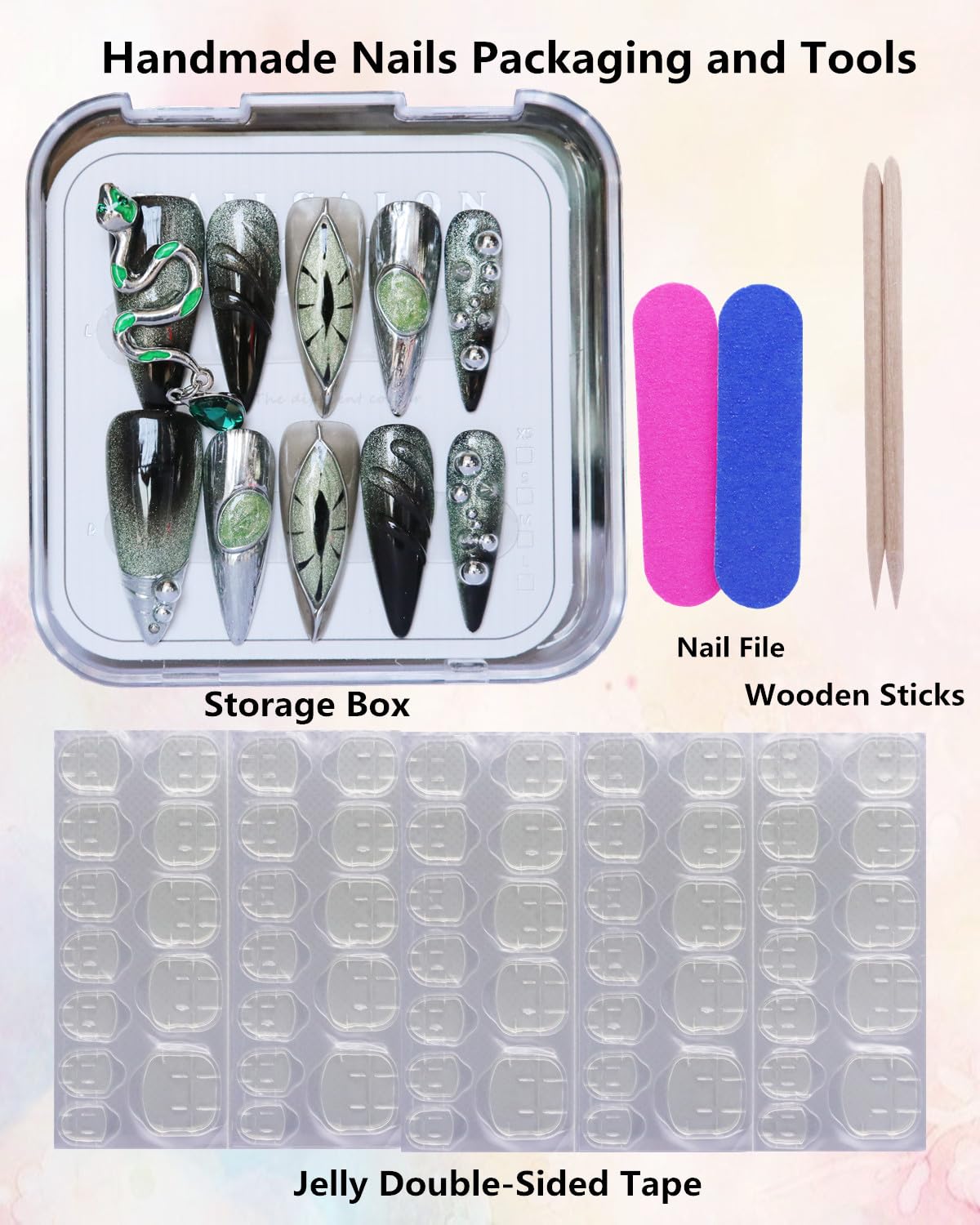 CAMILCY Luxury Handmade Press on Nails Long Stiletto Green Snake Chrome Gothic Fake Nails Glossy Black Green Gradient Crystal Charm Reusable Acrylic Nails for Women 10pcs (A038, S)