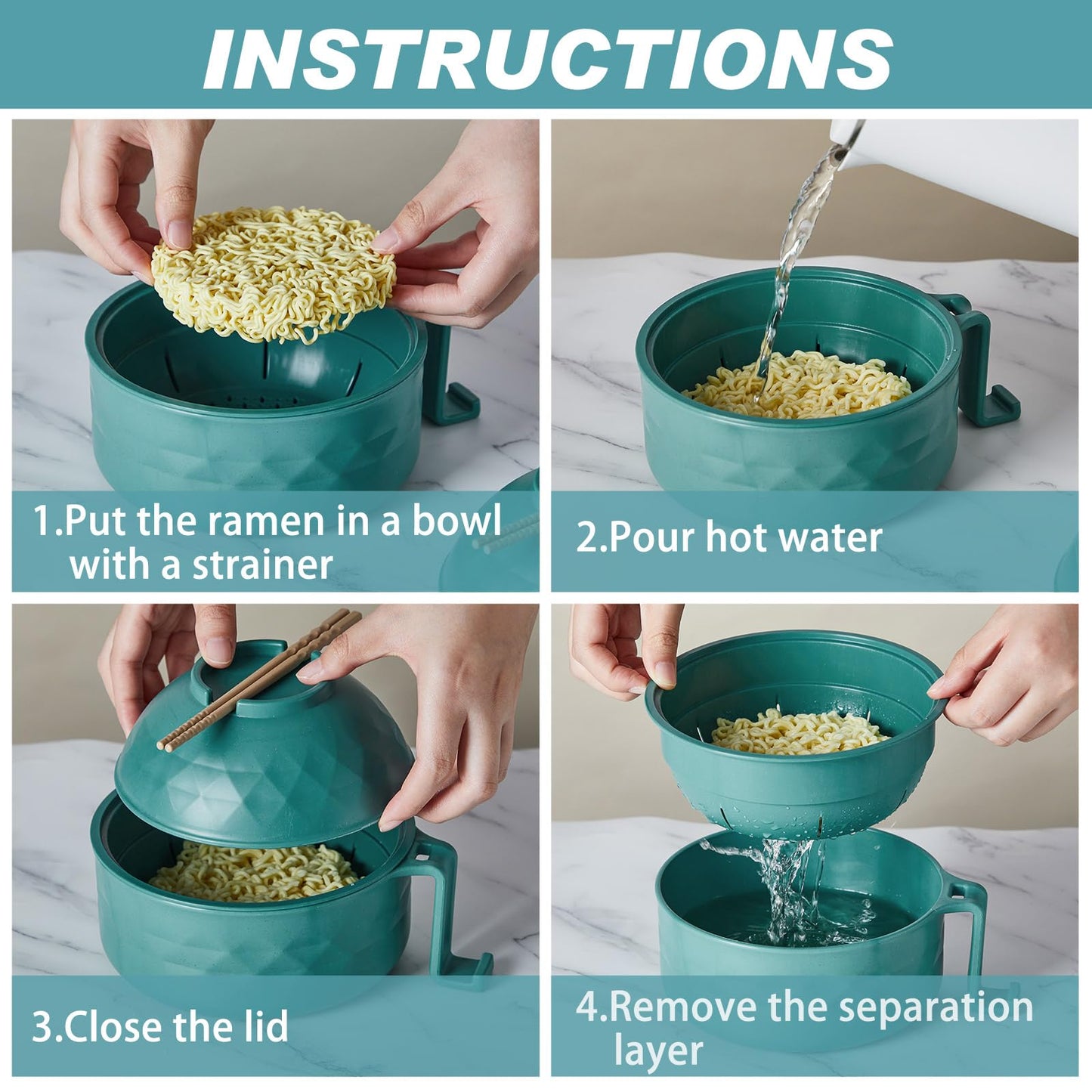 Romooa 6 Pcs Microwave Ramen Cooker Set Microwavable Wheat Straw Dinnerware Sets with 40oz Ramen Bowl, Plates, Cups and Cutlery Box, Dishwasher Safe Camping College Dorm (Dark Green)