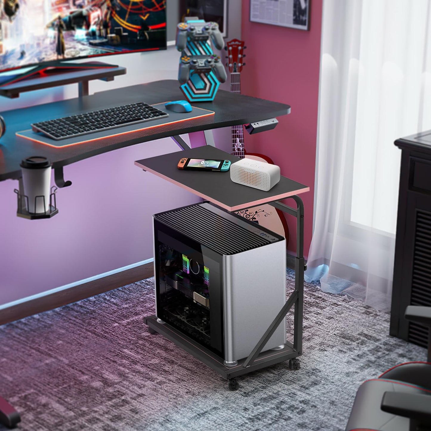 FUSLITE Ergonomic Height Adjustable Computer Tower Stand, 2-Tier CPU Holder Cart Under Desk, PC Floor Stand for Office Gaming Room, Black and Pink