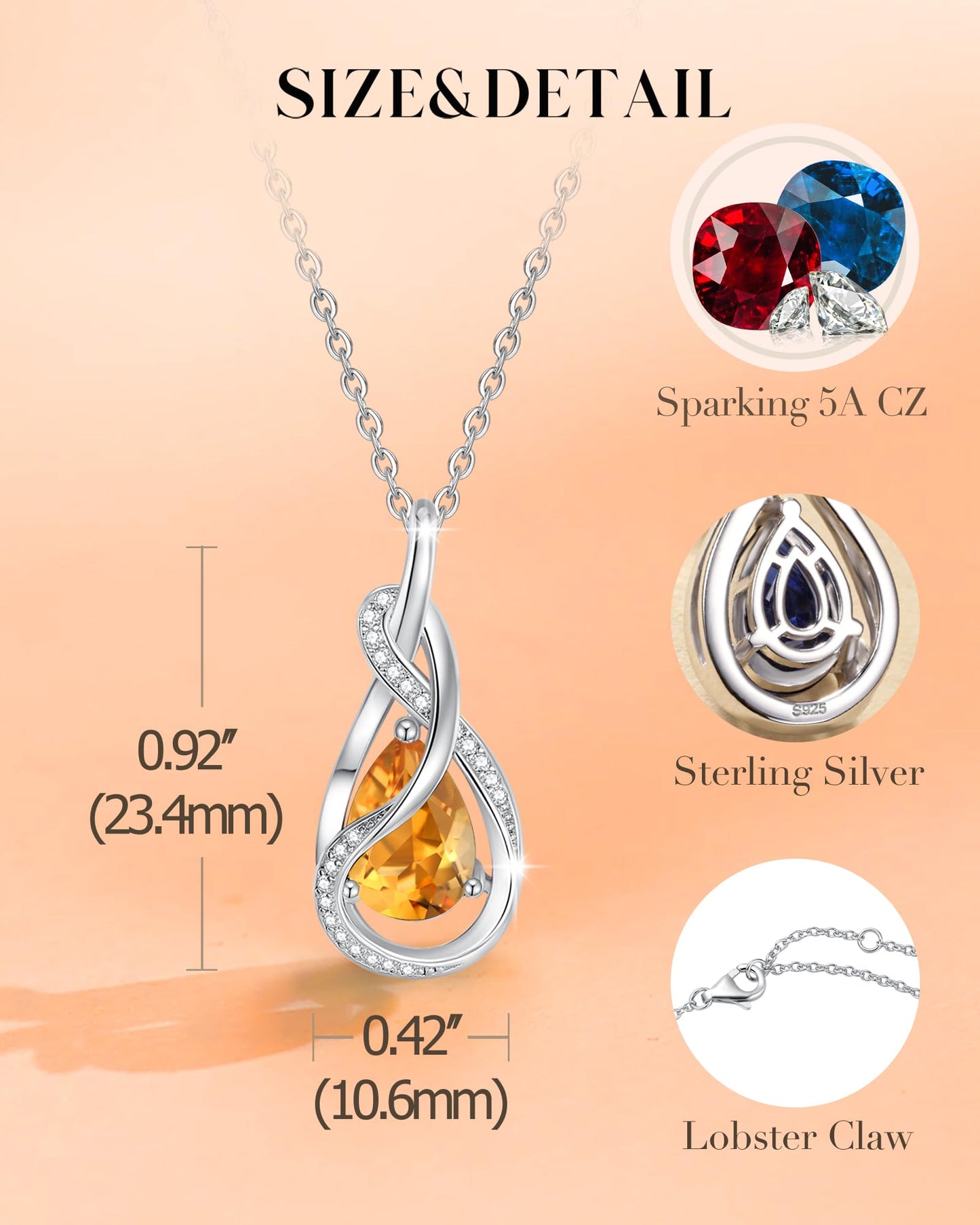 FANCIME Citrine Necklace November Birthstone Sterling Silver Infinity Knot Pendant Necklace Yellow Gemstone Fine Jewelry Anniversary Birthday Mothers Day Gifts for Women Her Mom