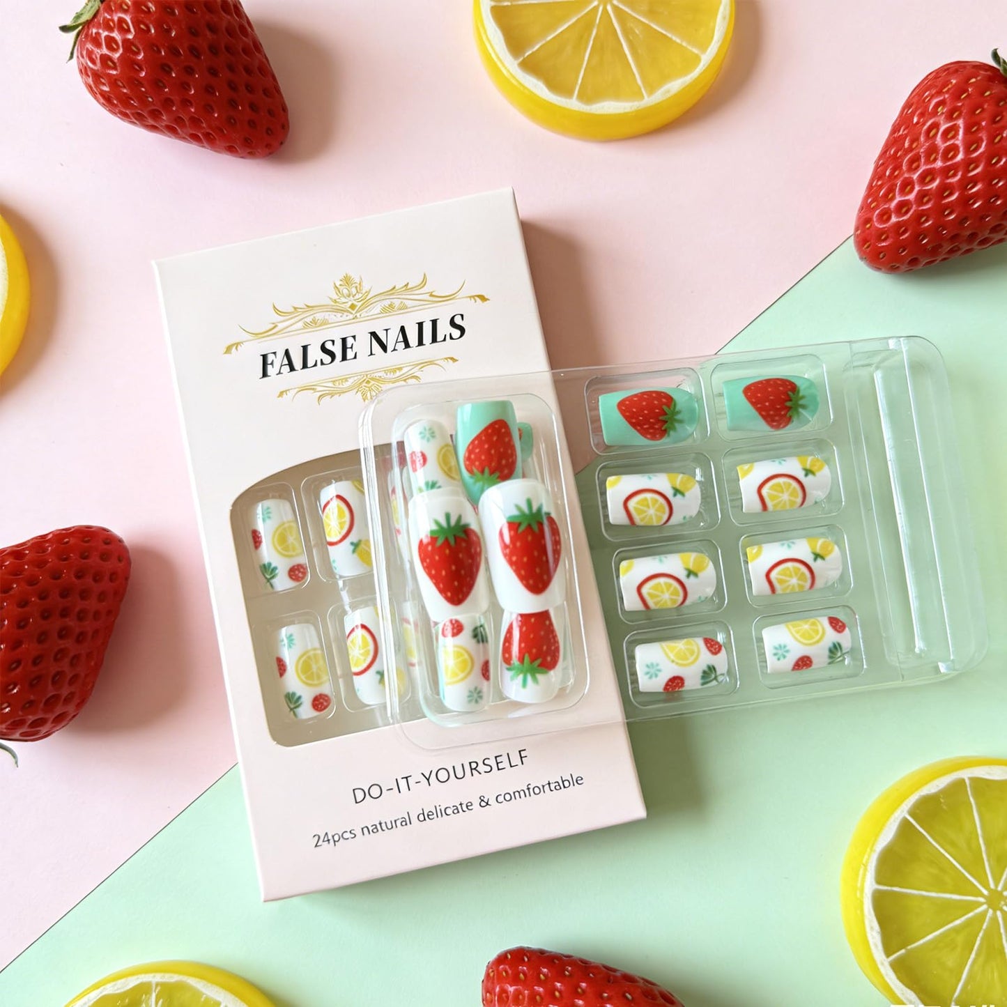 Summer Press on Nails Medium Square Fake Nails with Strawberry Lemon Designs Cute Acrylic False Nail Glossy Full Cover Stick on Nail Reusable Artificial Glue on Nails for Women 24Pcs