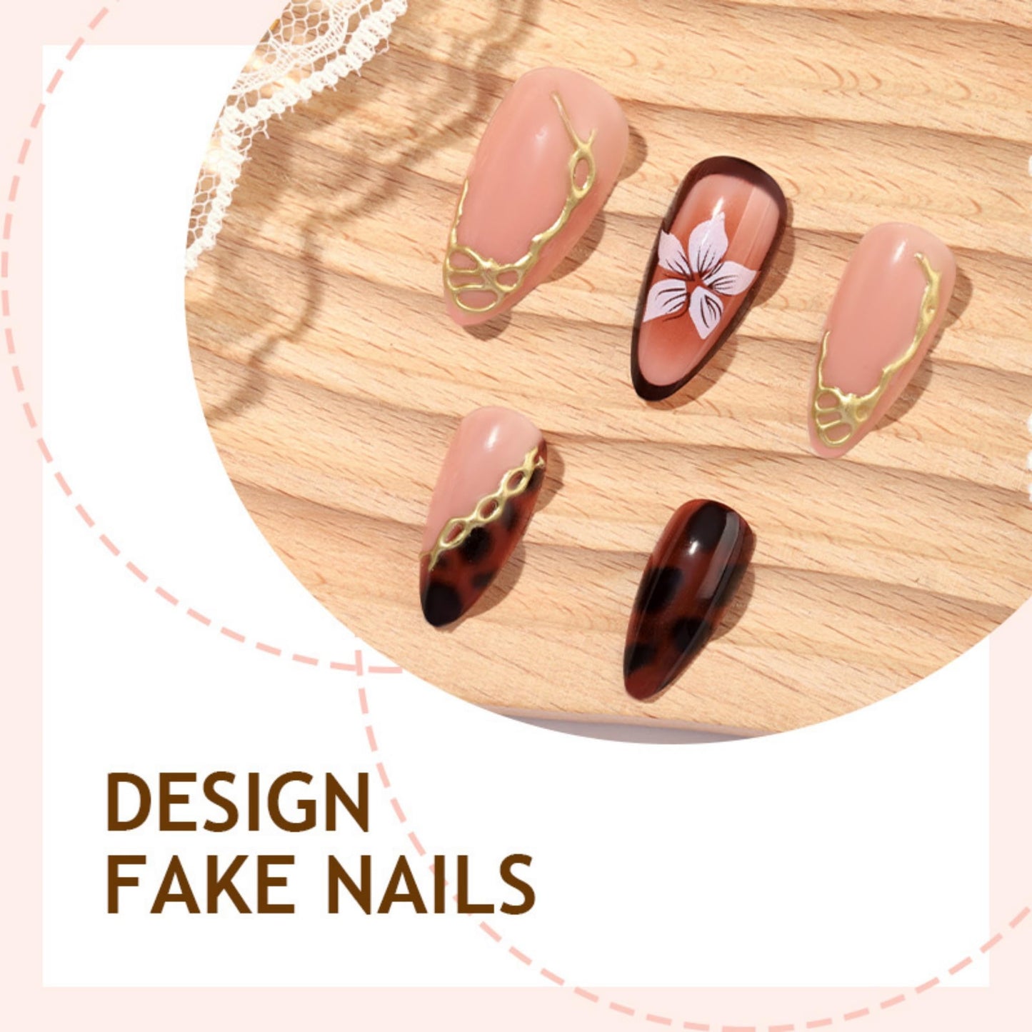 SEENEEY Almond Press on Nails Medium Fake Nails Brown Artificial Nail Floral and Gold Charm Designs Stick on Nail for Women 24pcs
