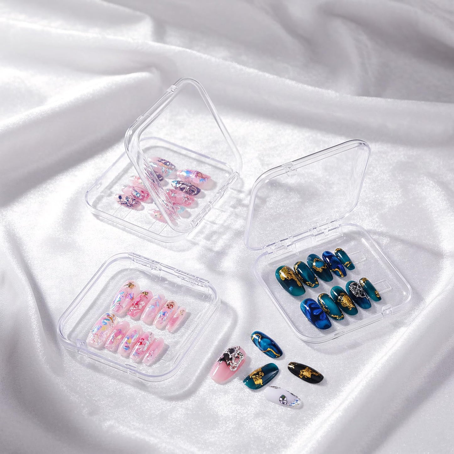12 Pcs Press on Nail Storage Box with 60 Pcs Double Sided Adhesive Tapes, Nail Packaging Boxes Fake Nail Display Case Crystal Clear Nail Storage Box with Gift Box for Nail Art Business Nail Salon