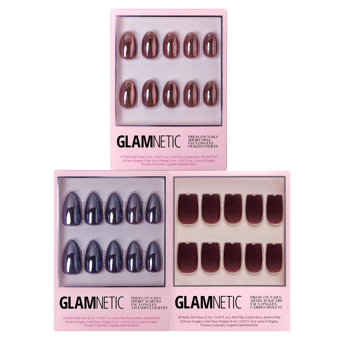 Glamnetic Press-On Nails Bundle - Magnetic Moscow, Burgundy Chrome & Cherry Mocha | Oval Fake Nails with a Cat-Eye Finish | Almond Fake Nails with a Metallic Chrome Finish | Dark Red Mediu