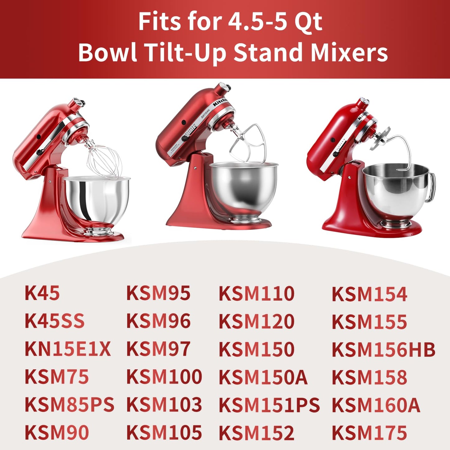 Stainless Steel Stand Mixer Attachments 3-Piece (4.5-5QT Flat Beater, 4.5-5QT Dough Hook, K45WW 6-Wire Whip Attachment) for KitchenAid Tilt-Head Stand Mixer and 4.5-5 Quart Bowl, Dishwasher Safe