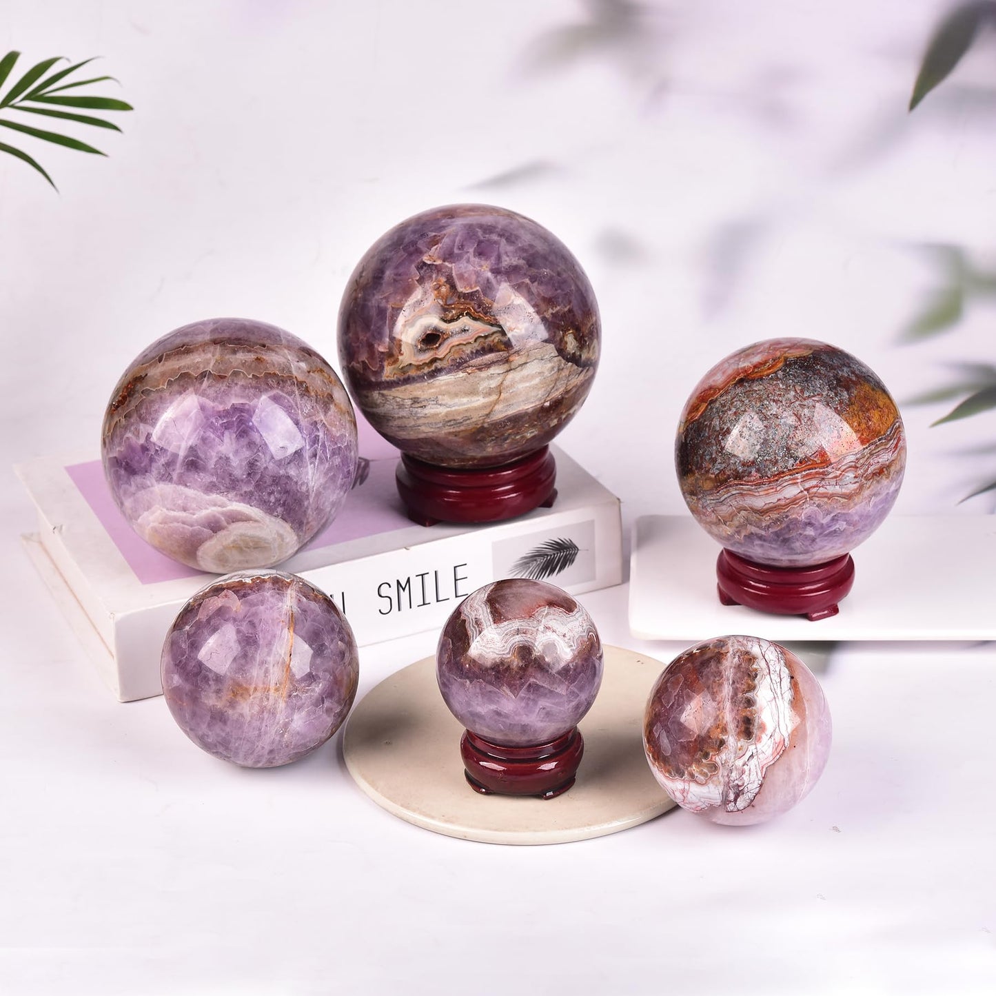 JIC Gem Natural Amethyst Agate Crystal Sphere with Wooden Stand Amethyst Decorative Crystal Gemstone Sphere for Meditation Feng Shui Witch-Style Decor Table 70-80mm