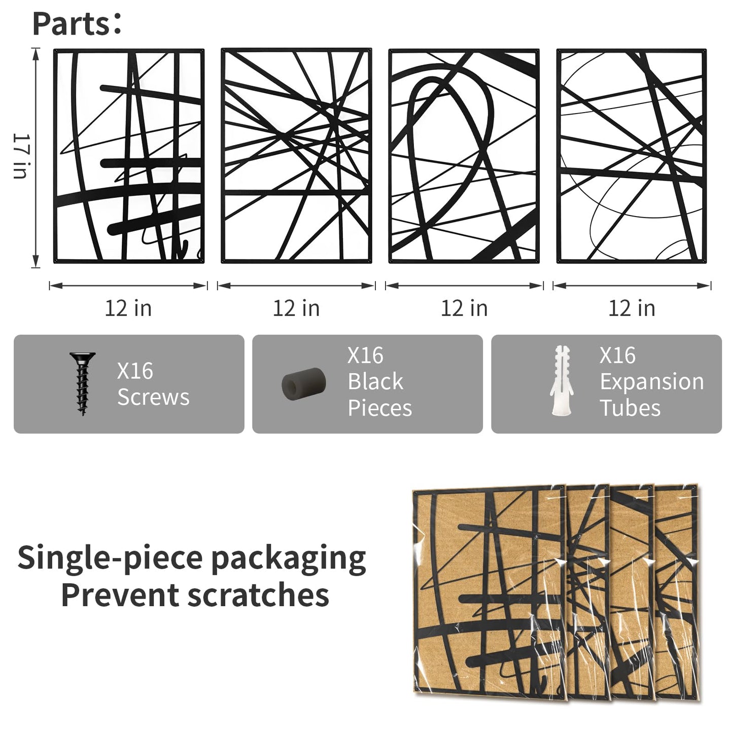 Art3dwallpanels Black Abstract Wall Art, Metal Single Line Art Wall Decor, 3D Textured Sculptures, Modern Decor for Living Room Bedroom Bathroom Study, 17'' x 12'', 4 Pack