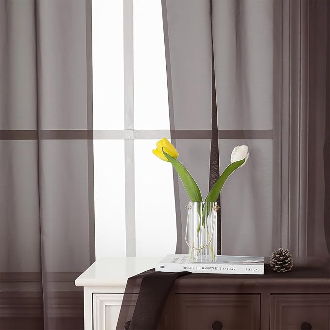 Lecloud Chocolate Sheer Curtains 54 Inch Length 2 Panels, Voile Curtains for Bedroom with Rod Pocket, Light Filtering Gauzy Window Treatments for Basement Bathroom, Each Panel 42 X 54 Inch