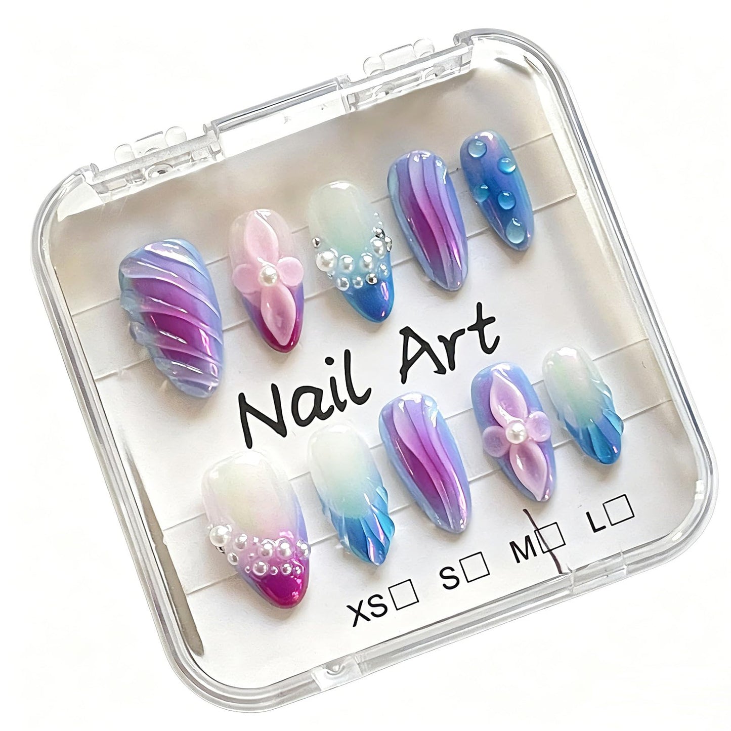 Almond Shape Handmade Press on Nails, Mermaid Tail Wave Texture 3D Floral Pearl Decor Aurora Gradient Luxury Party Style Reusable for Women 10 Pcs(Size M)