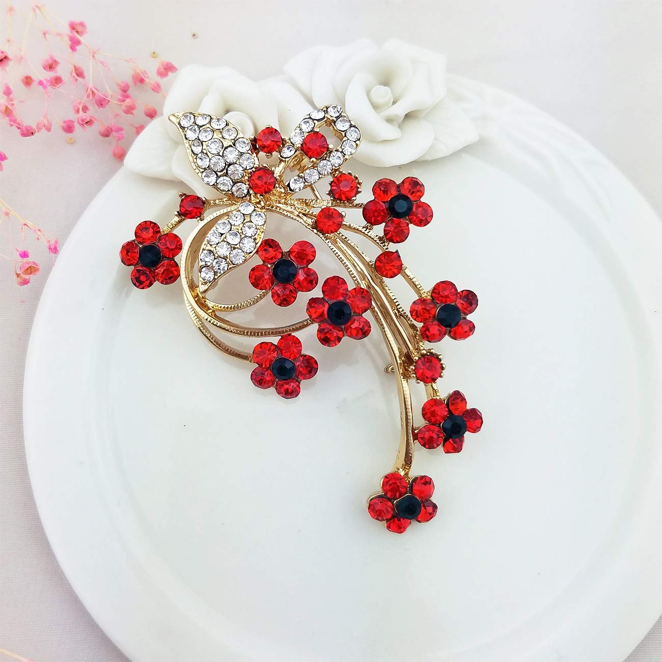 YOQUCOL Red Garnet Ruby Colour Cubic Zirconia Crystal Poppy Flower Shape Brooch Pins for Woman