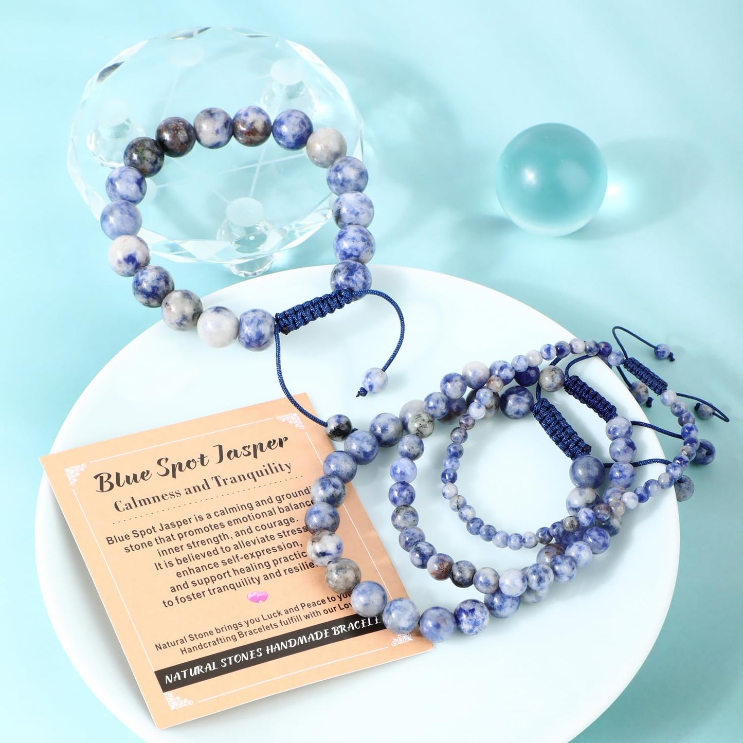 AD Beads 4mm Blue Spot Jasper - Calmness and Tranquility - Handmade Natural Stone Crystal Bracelet with Adjustable Macrame String - Yoga Healing Power Energy Gifts for Men and Women