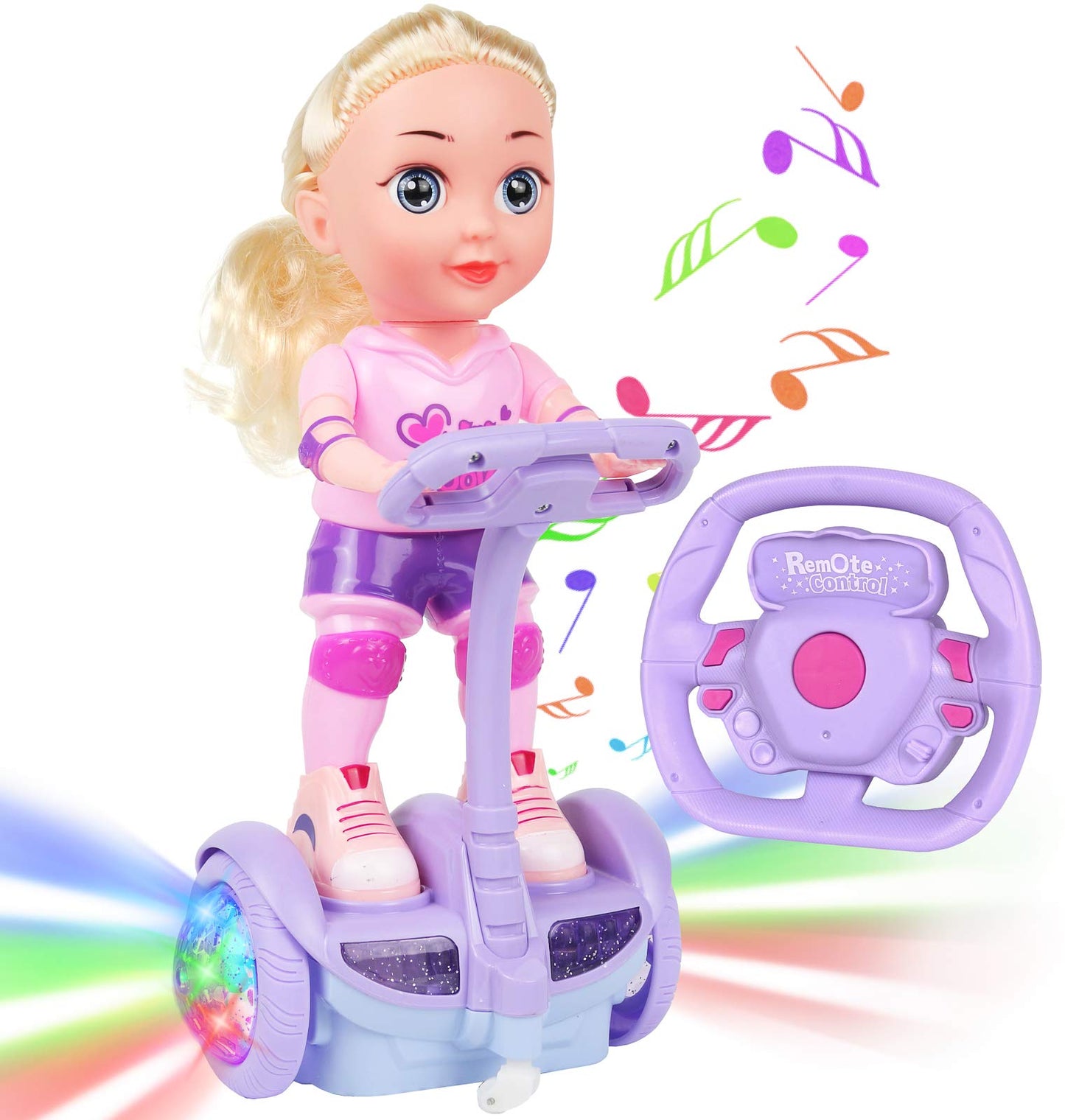 Doll Set with Remote Control Toy Electric Scooter for Kids with LED Lights Music and 360° Rotation