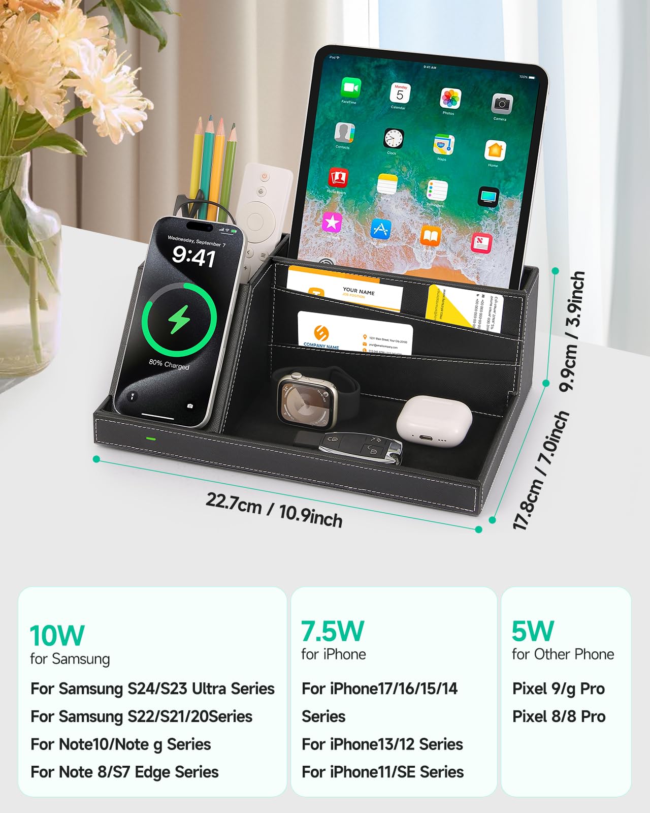 Fast Wireless Charging Station with Desk Organizer for iPhone 17/16/15/15 Pro/14/14 Pro Max/14 Pro/14 Plus/13/13 Pro Max/13 Pro/and iPhone 12/11 Series, Nightstand Desktop Organizer for Home Office