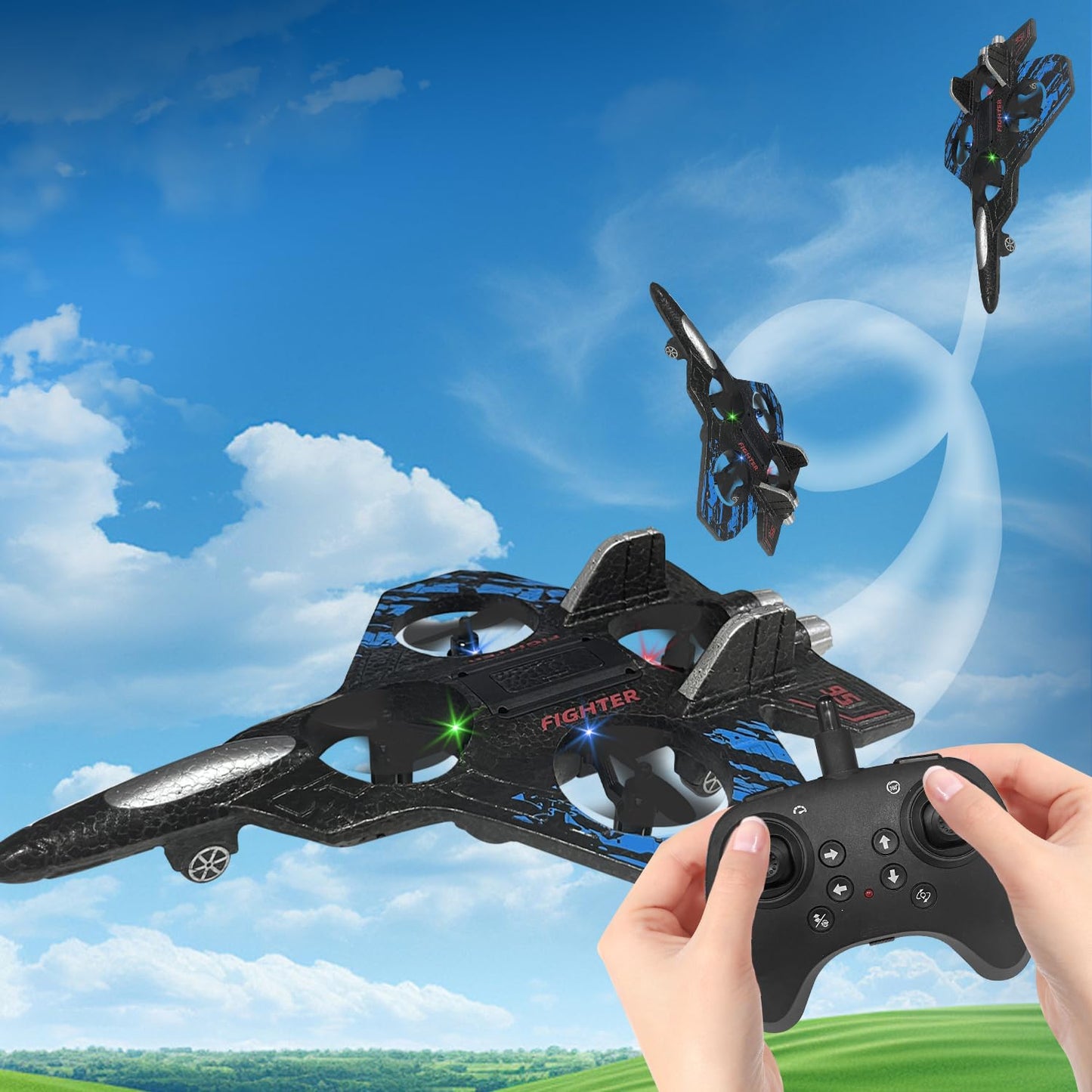 RC Airplane for Kids and Beginners, 2.4GHz Foam Drone Remote Control Airplane Outdoor Flying Toy, 360° Drop-Resistant Stunt Spin Remote Fighter Jet with Lights (Blue)