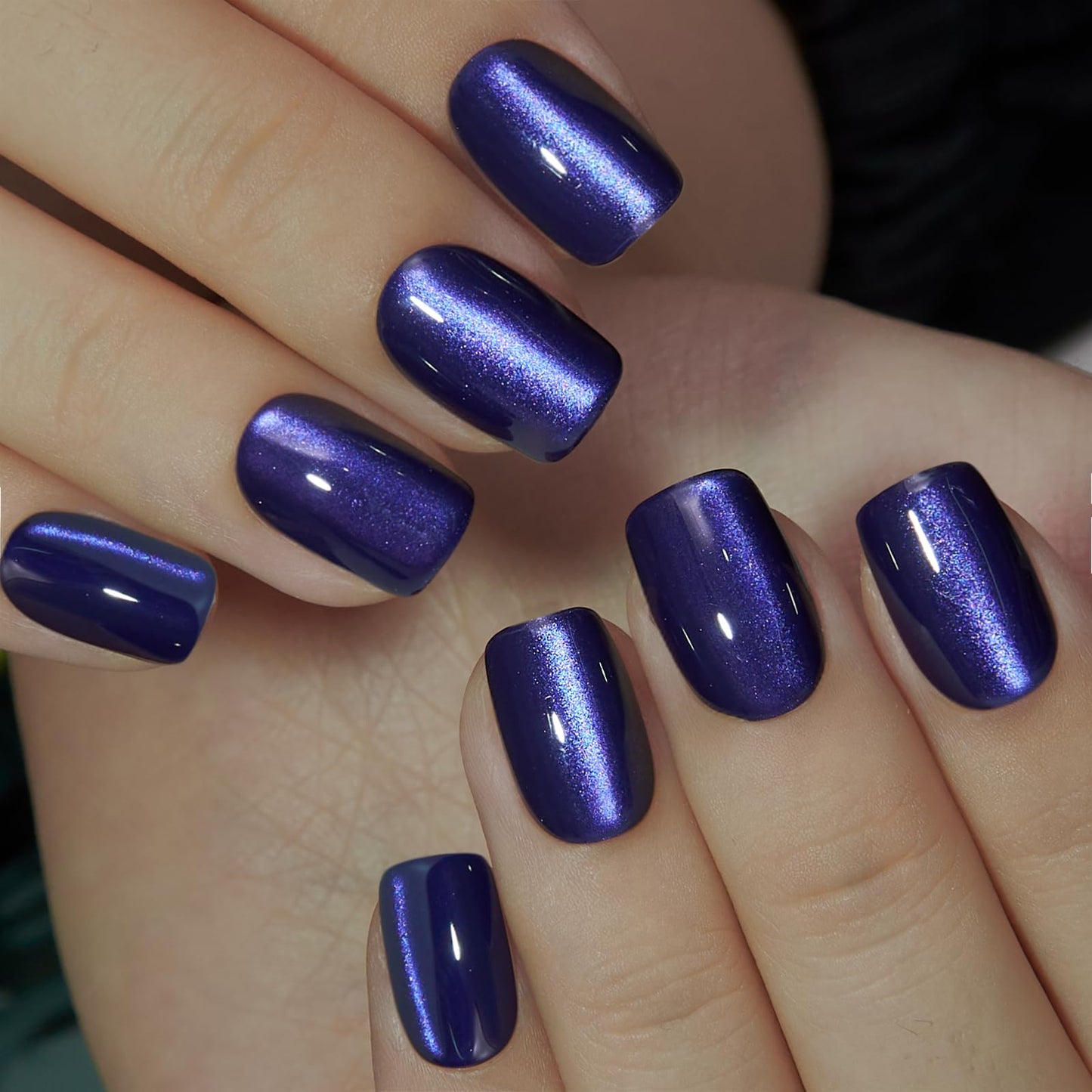 Curvlife Soft Gel Square Press On Nails Short – Purple Strip Cat Eye Reusable False Natural Fit Fake Nails Tips Stick Ons, Salon Quality UV Finish