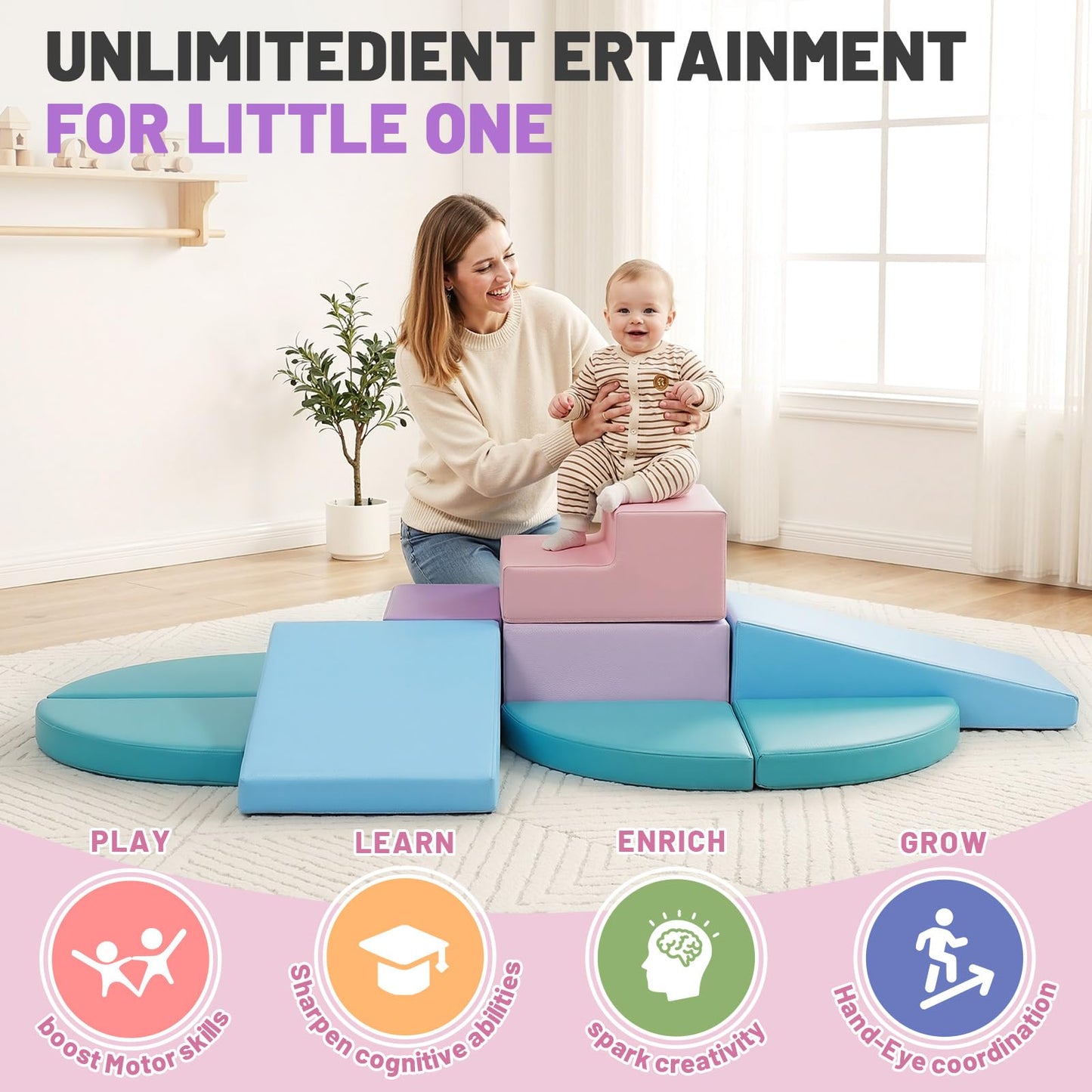 TODIBY 9-Piece Climbing Toys for Toddlers: Soft PU Leather Foam Blocks - Baby Climb and Crawl Activity Blocks - Kids Play Gym Equipment Indoor for Development(Macaroon)