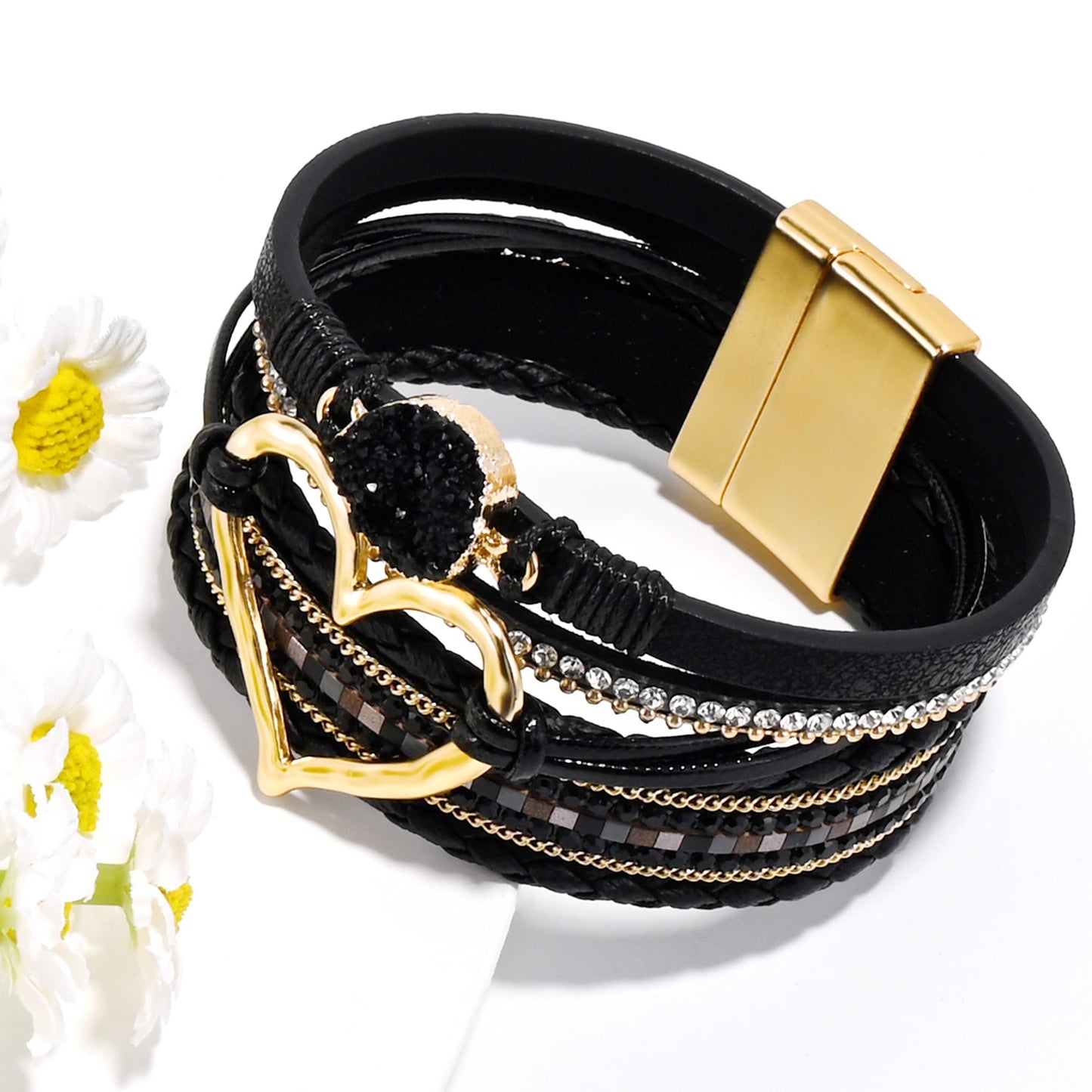 VIBILIA Boho Leather Wrap Bracelets for Women Heart Multi-Layer Bracelets with Strong Clasp Jewelry for Women-Black