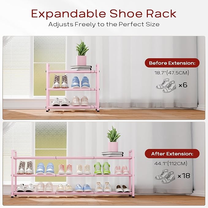 Bumusty 3-Tier Long Expandable Shoe Rack for Closet, 18"-44" Adjustable Shoe Rack for Entryway, 15-18 Pairs Large Shoe Organizer Shelf Storage, Sturdy Metal, Pink